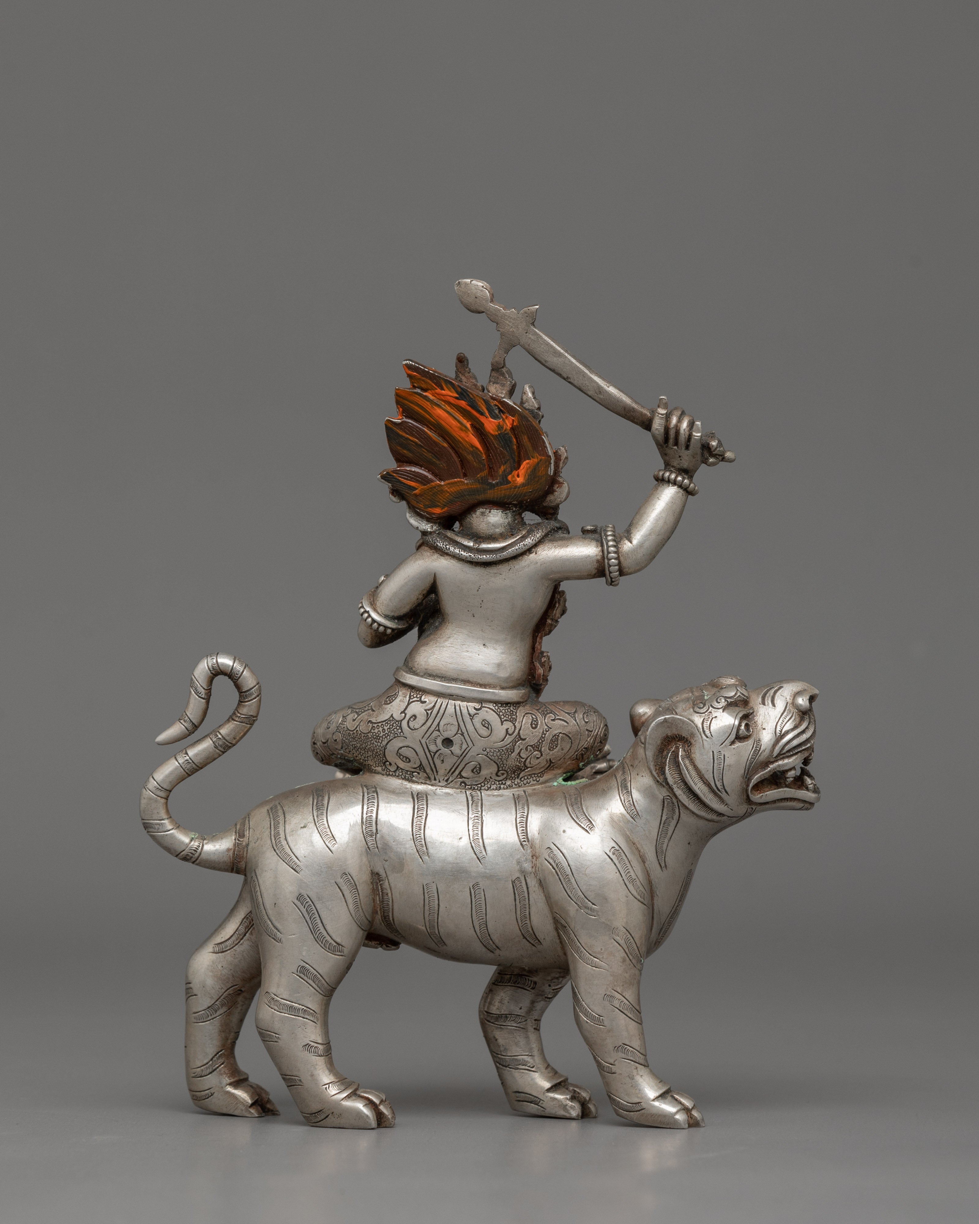 Silver Plated Vyaghra-vahana Statue | Guardian of Transformation