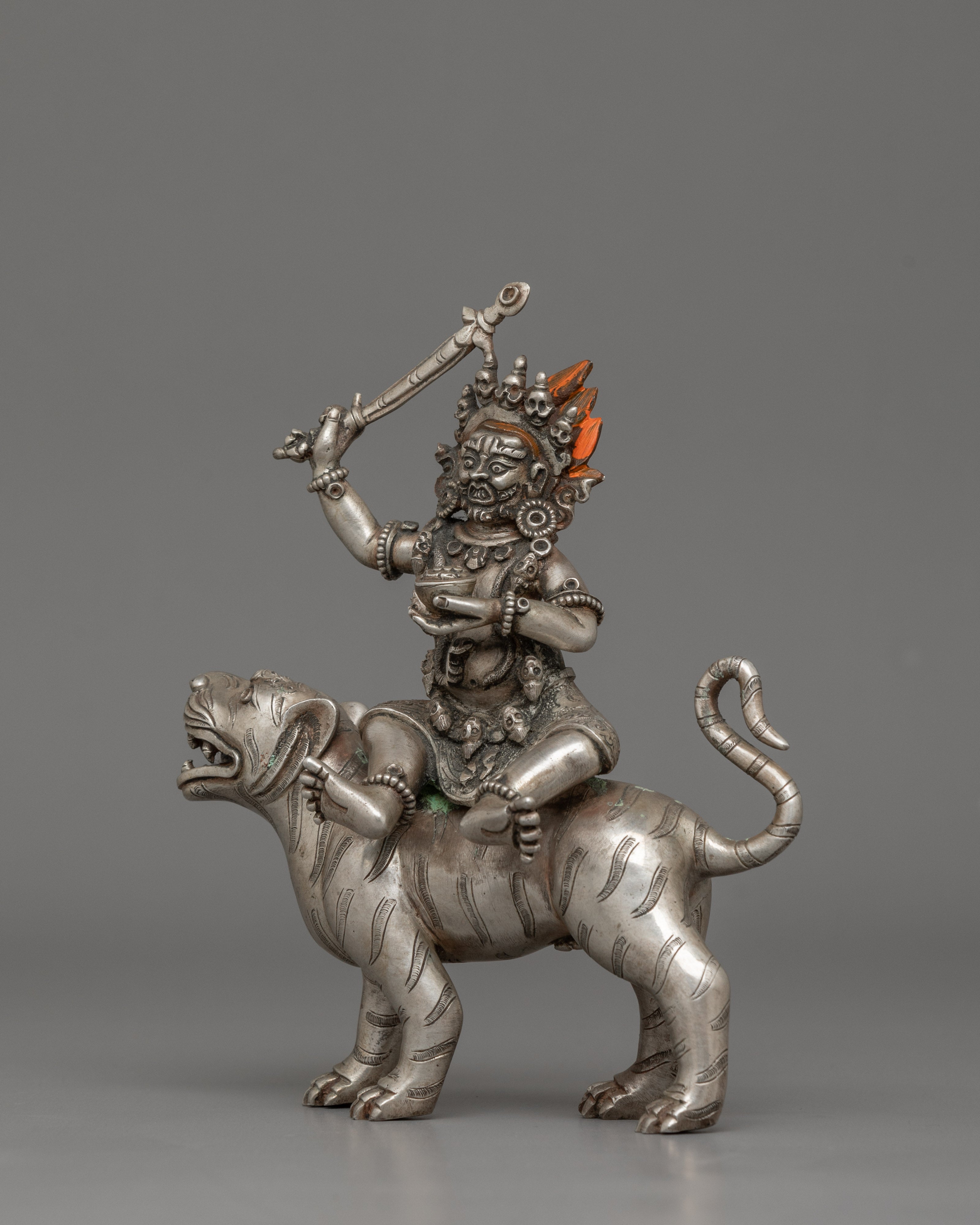Silver Plated Vyaghra-vahana Statue | Guardian of Transformation