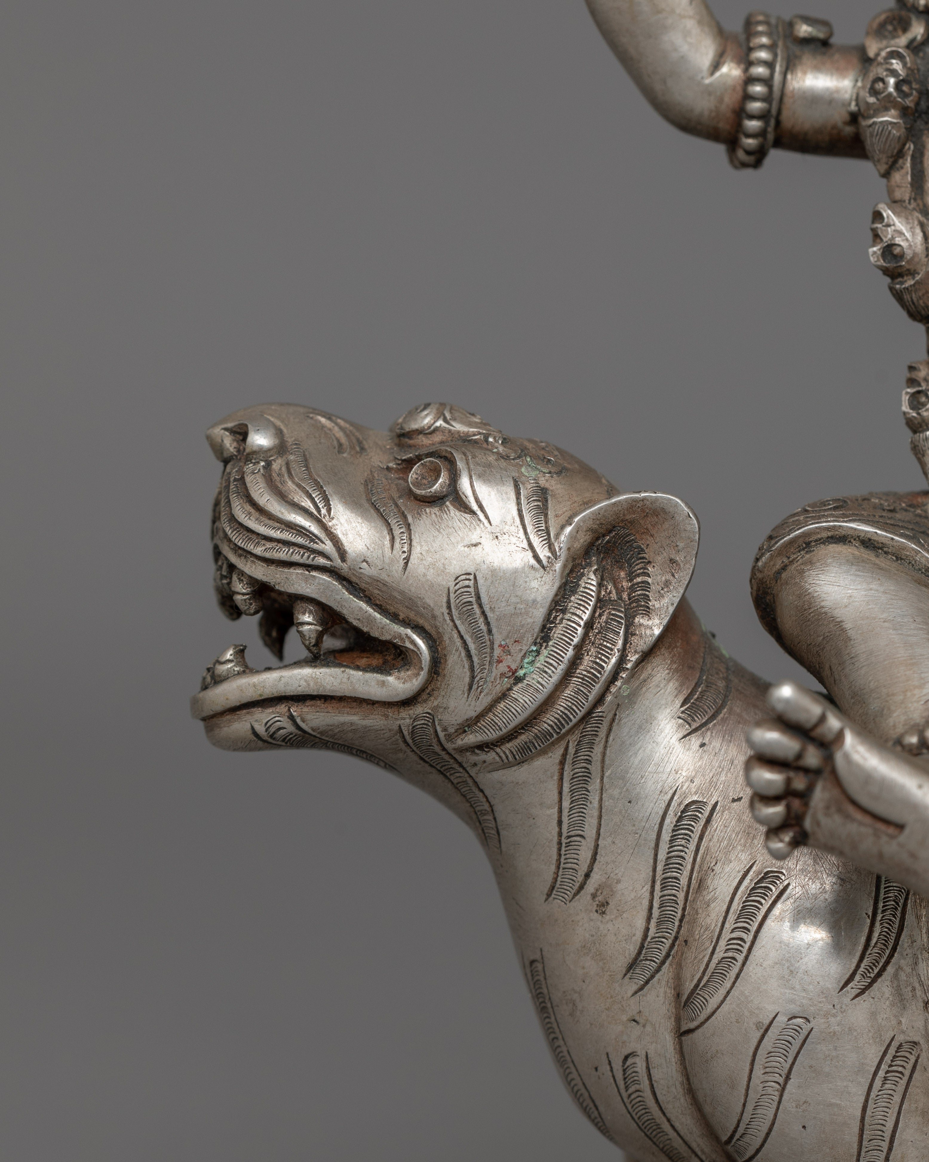 Silver Plated Vyaghra-vahana Statue | Guardian of Transformation