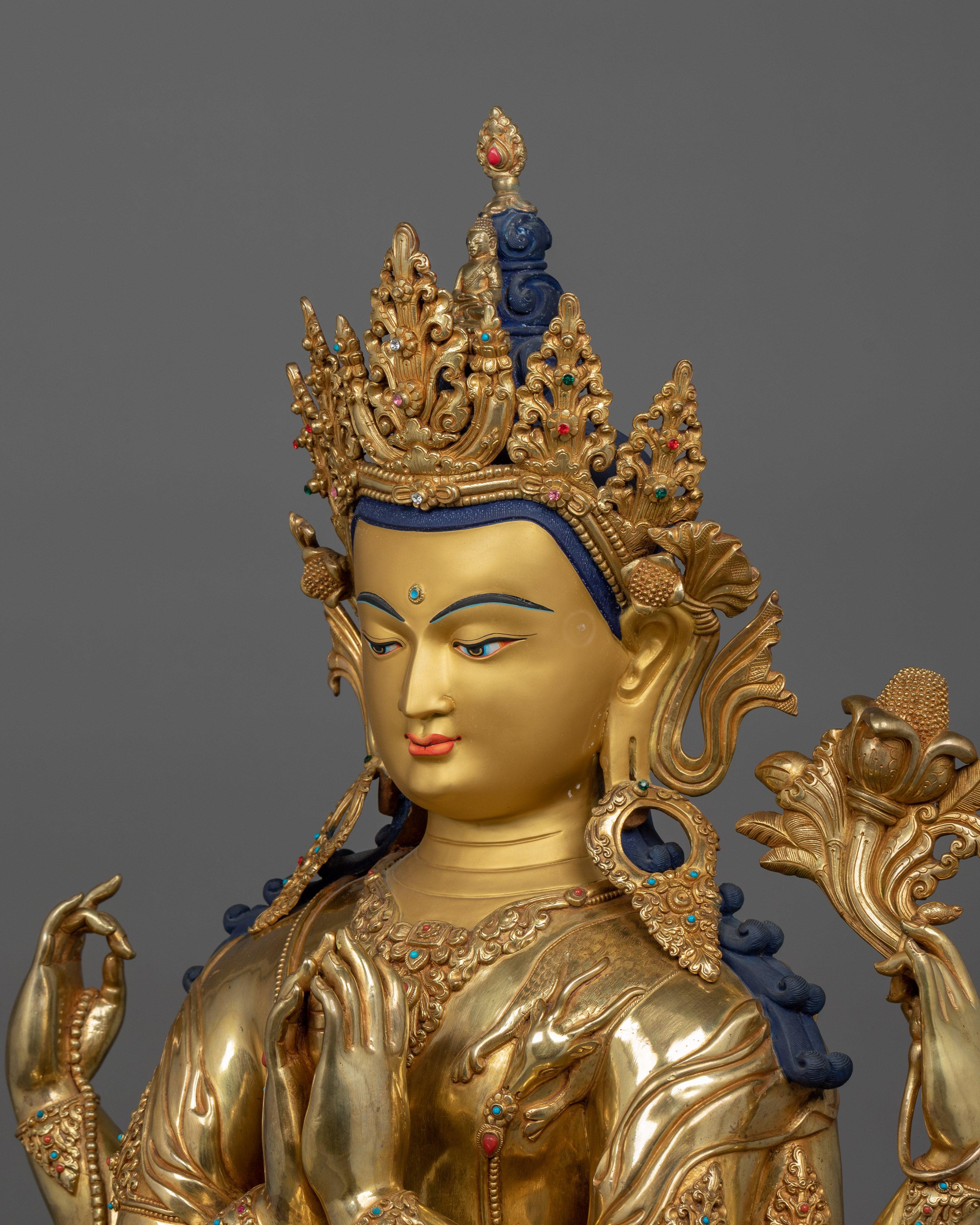 Handmade Compassion deity Chenrezig sculpture | Four Armed Deity