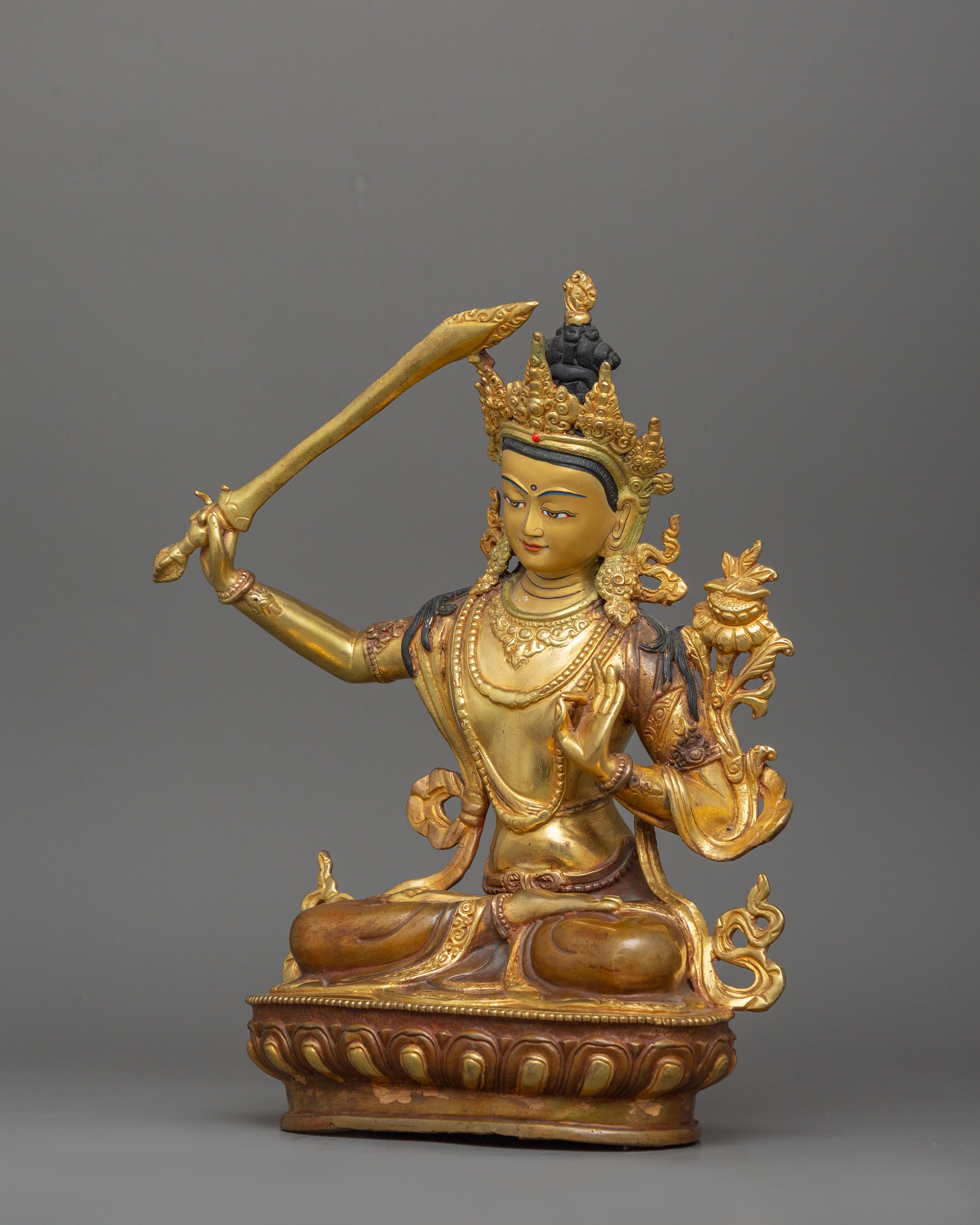 12.2 Inches Manjushri with sword Statue | Bodhisattva Sculpture Wisdom Deity