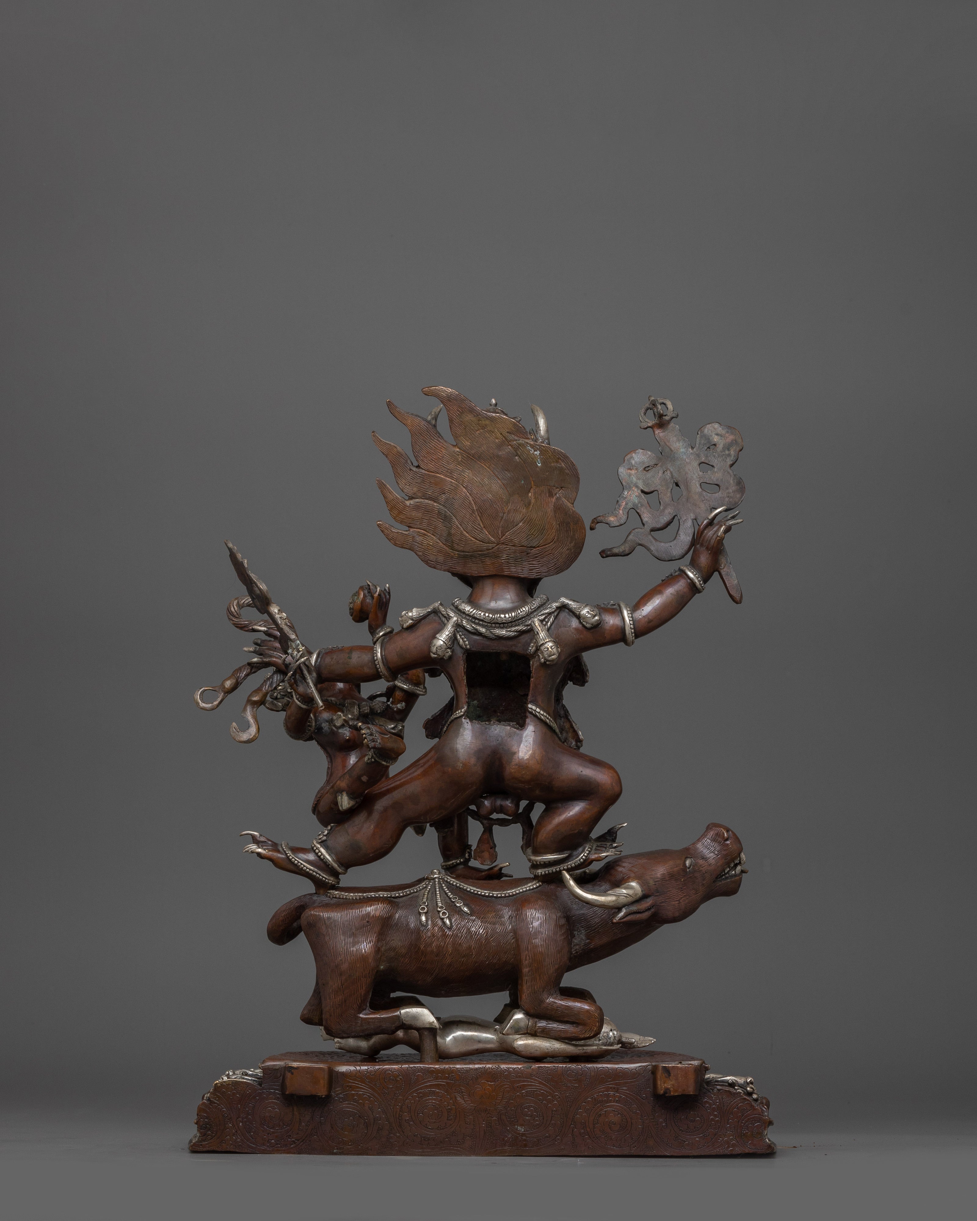 Silver Plated Yama Dharmaraja Statue | Wrathful Dharma Protector Deity