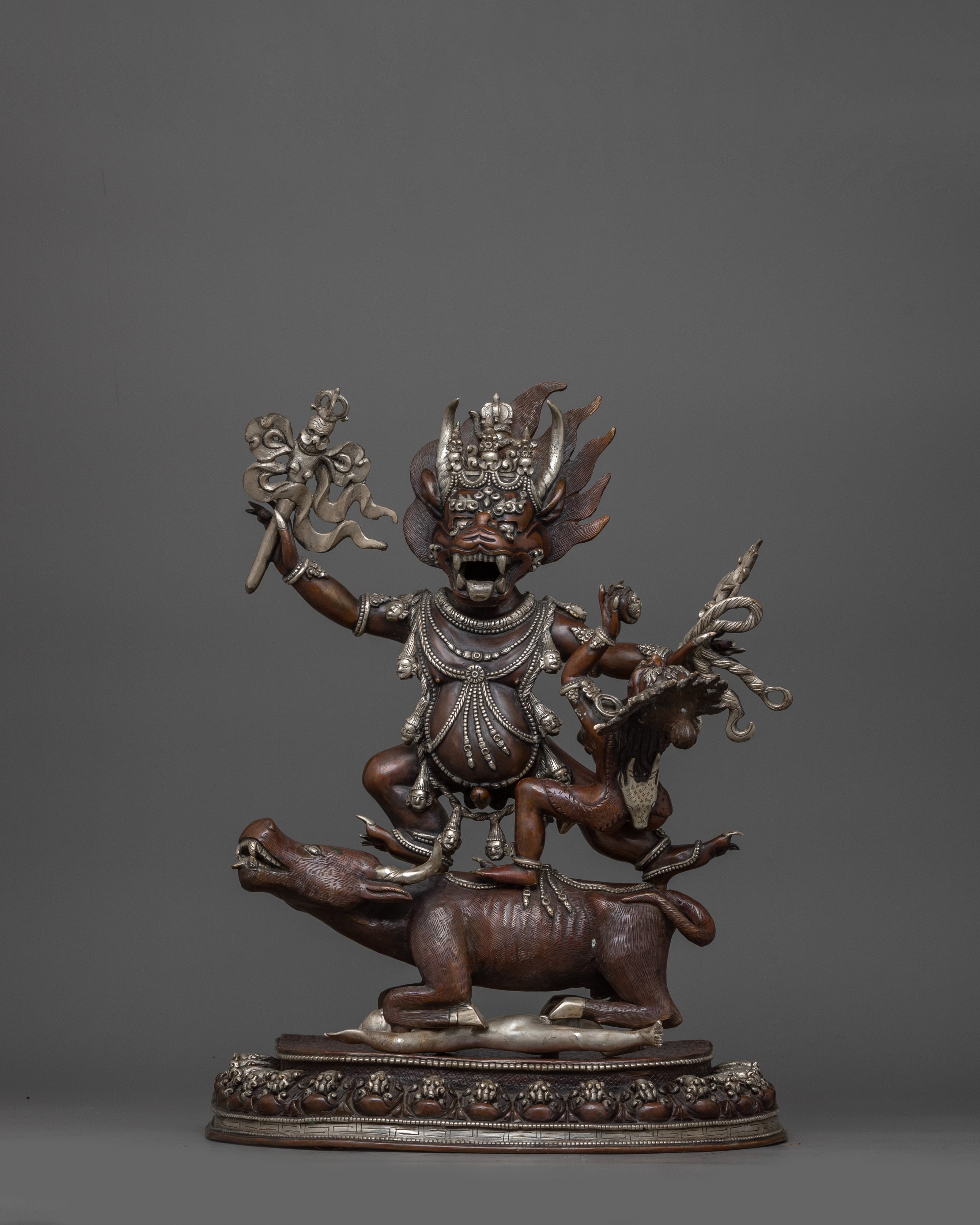 Silver Plated Yama Dharmaraja Statue | Wrathful Dharma Protector Deity