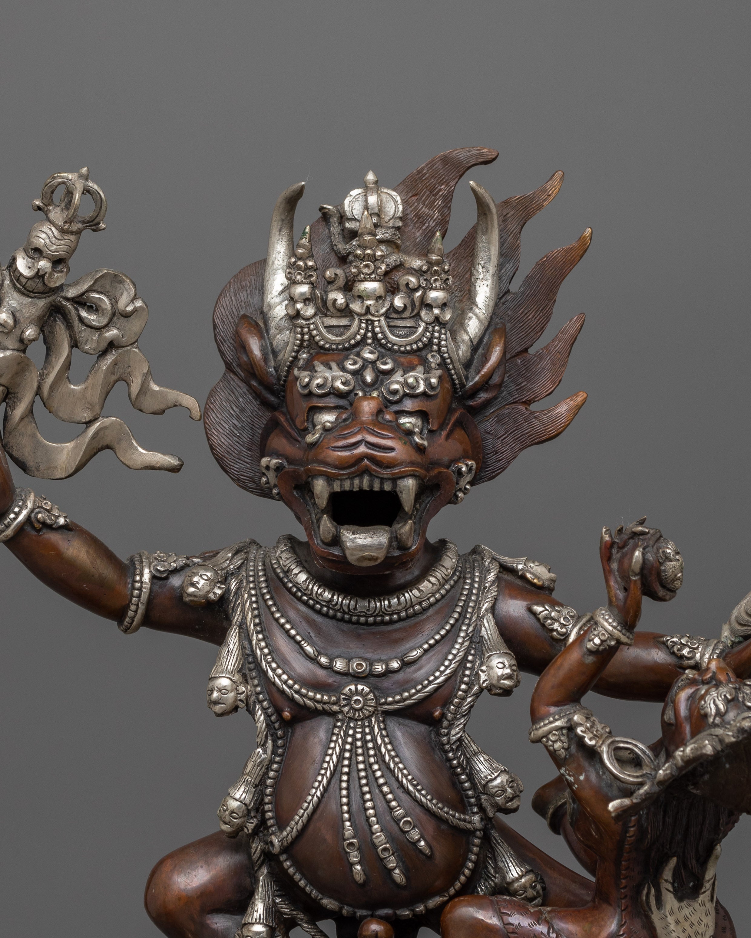 Silver Plated Yama Dharmaraja Statue | Wrathful Dharma Protector Deity