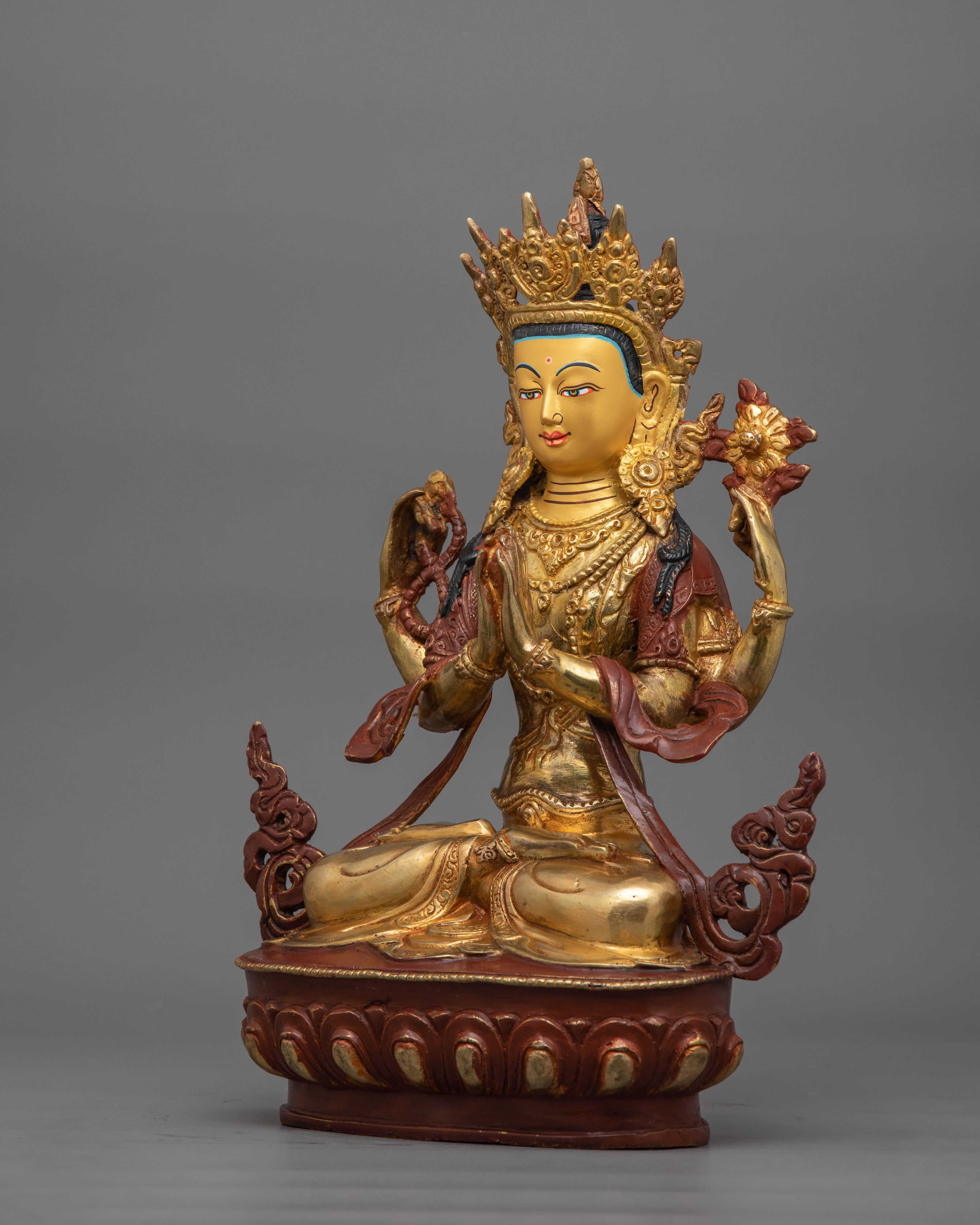 Handcrafted Golden Chenrezig Statue | Also known as Avalokitesvara