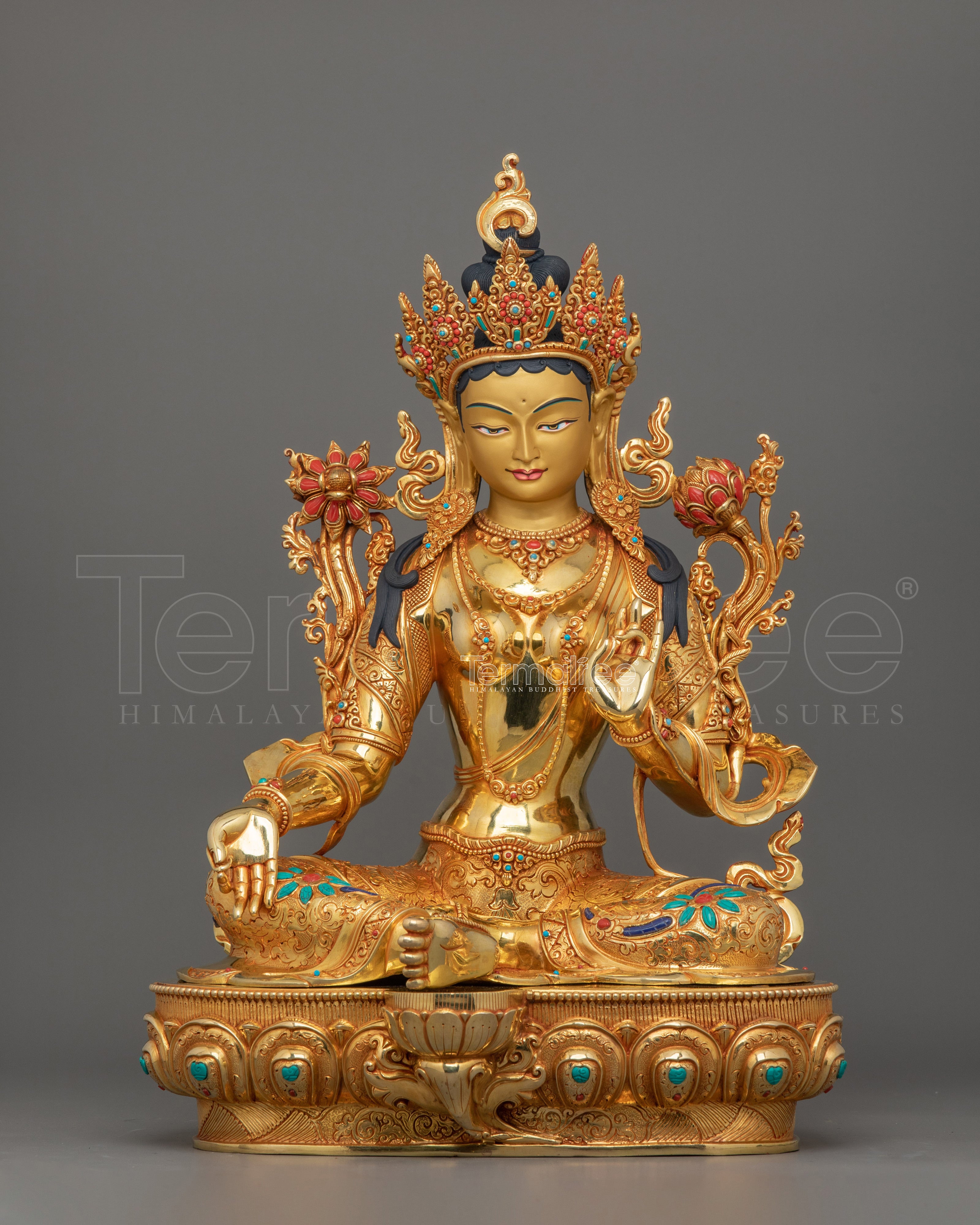 Handmade compassionate Protector Green Tara Statue | 24k Gold Gilded Sculpture
