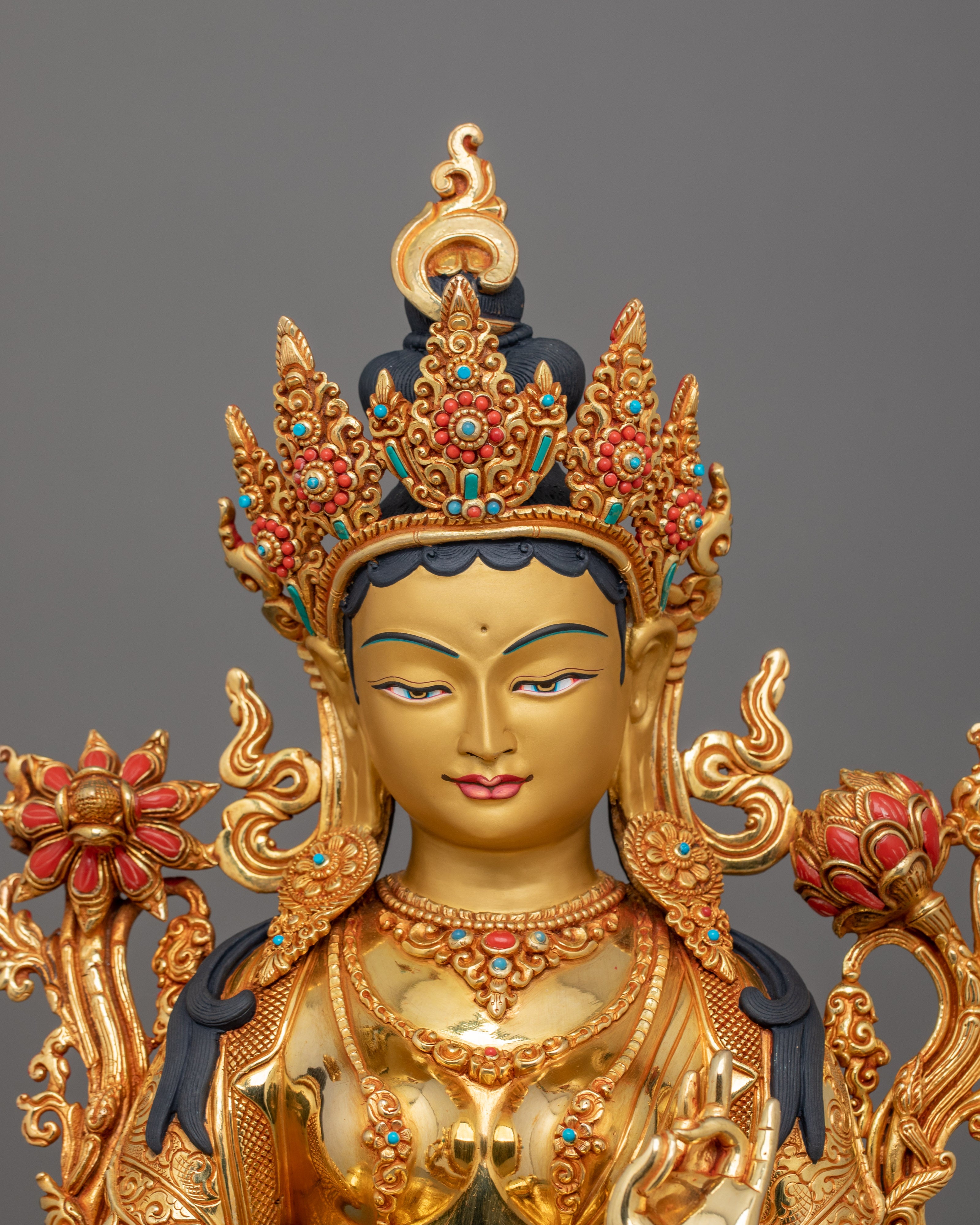 Handmade compassionate Protector Green Tara Statue | 24k Gold Gilded Sculpture