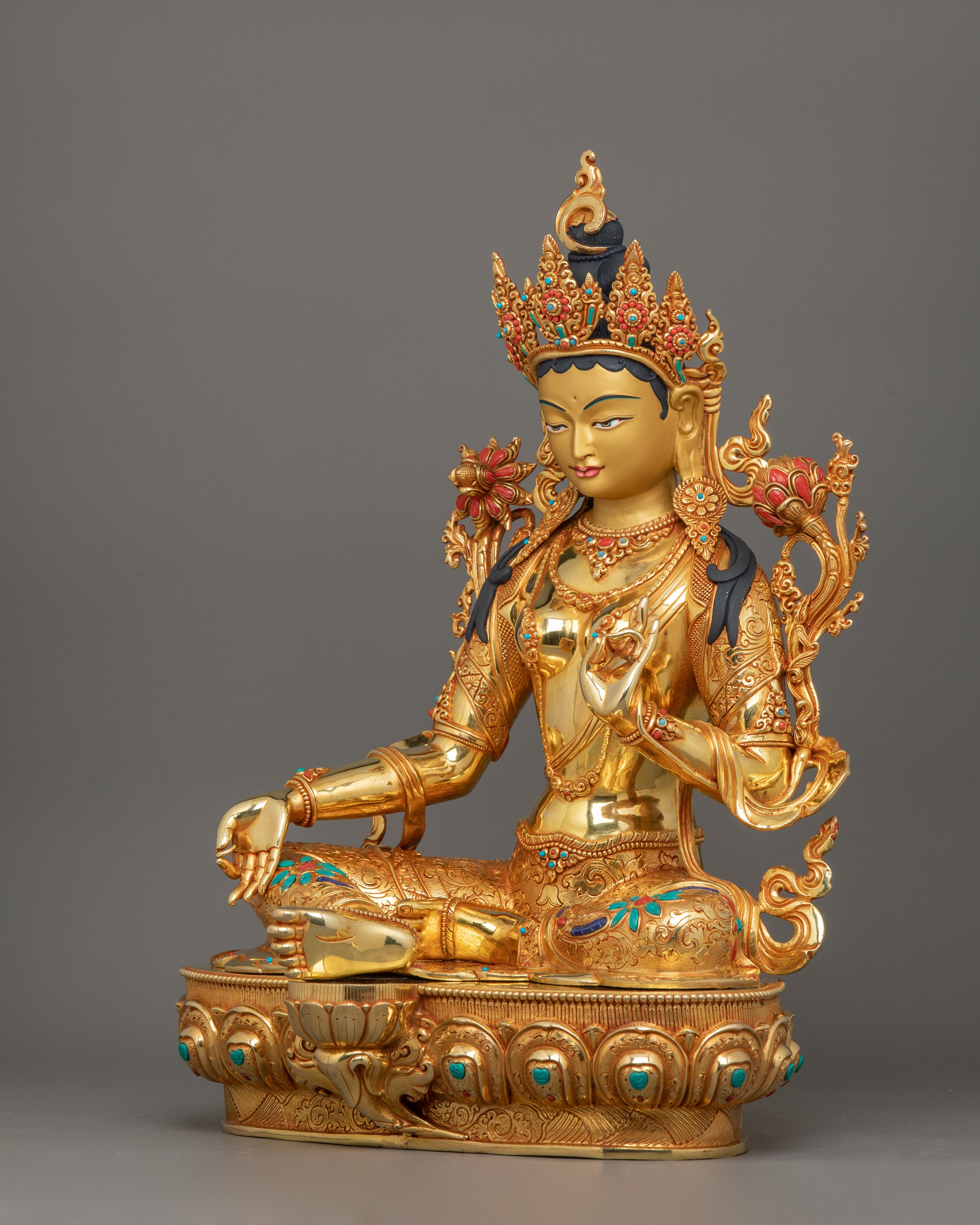 Handmade compassionate Protector Green Tara Statue | 24k Gold Gilded Sculpture