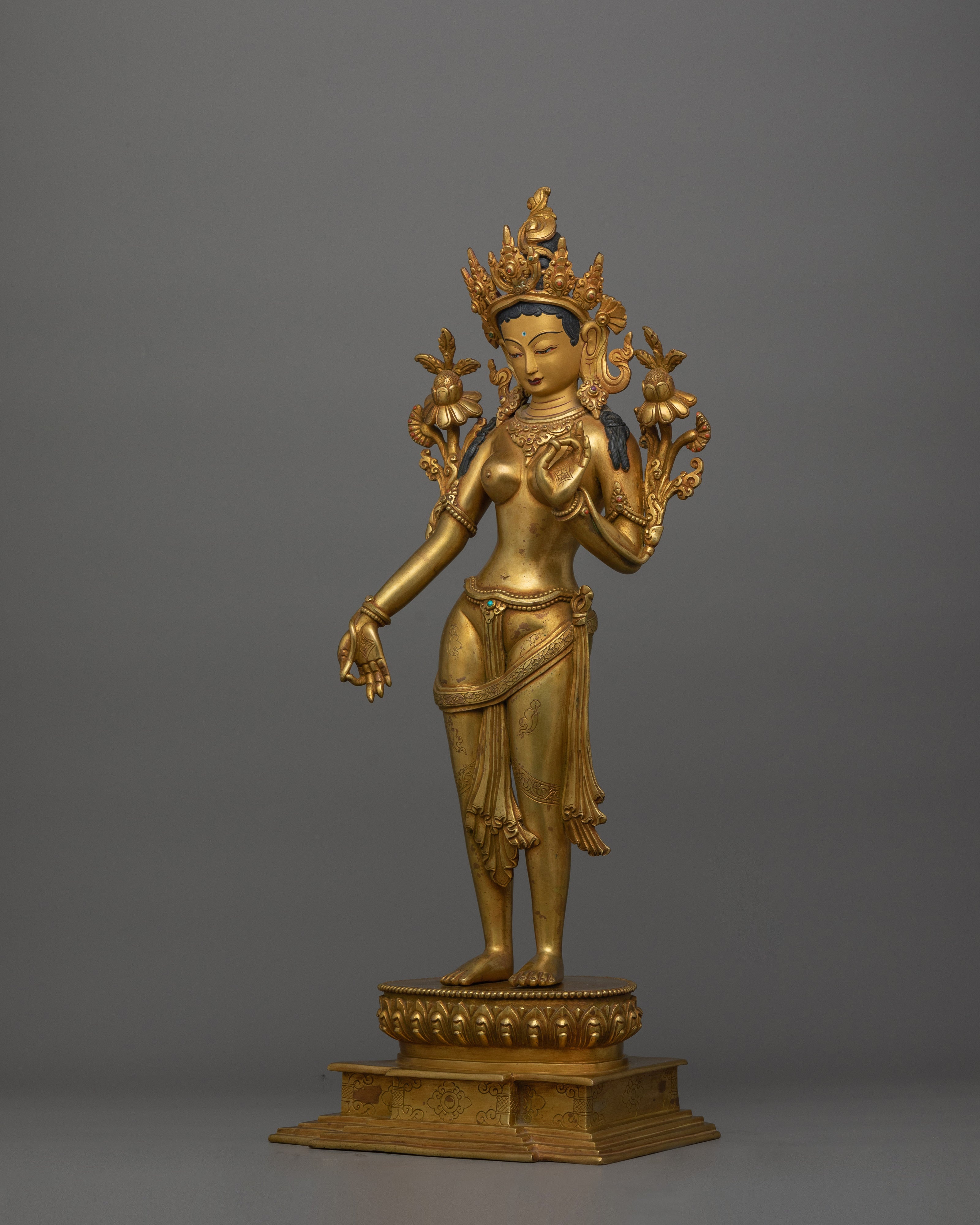 Beautiful Standing Green Tara Statue | 24K Gold Gilded