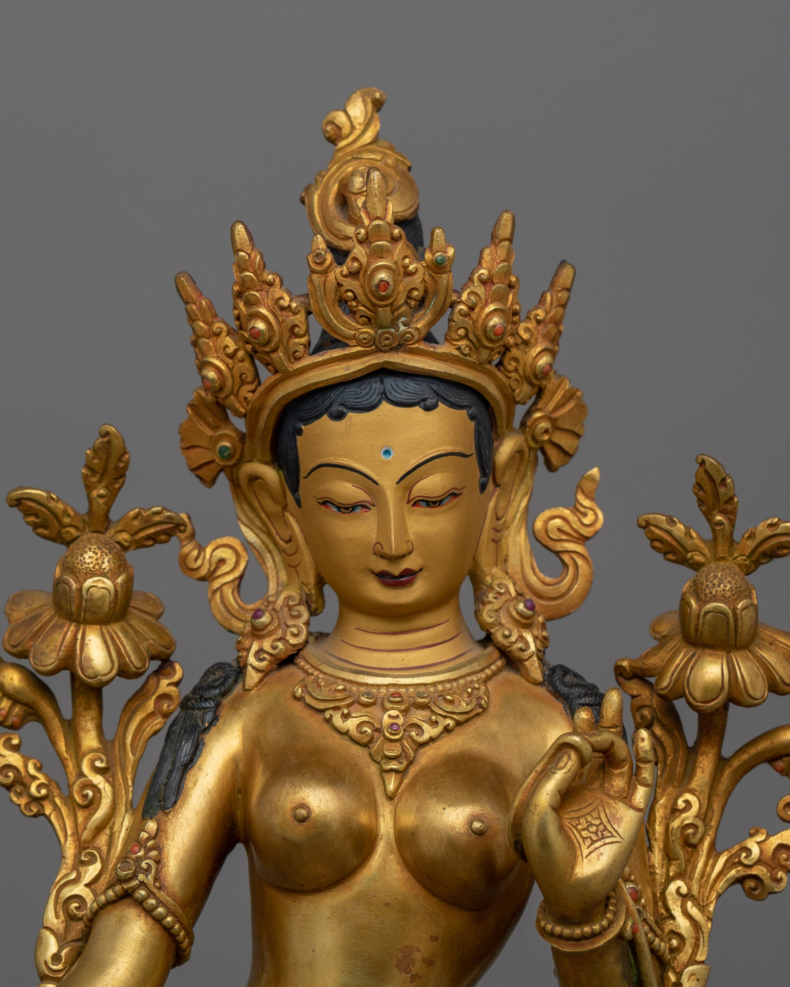 Beautiful Standing Green Tara Statue | 24K Gold Gilded