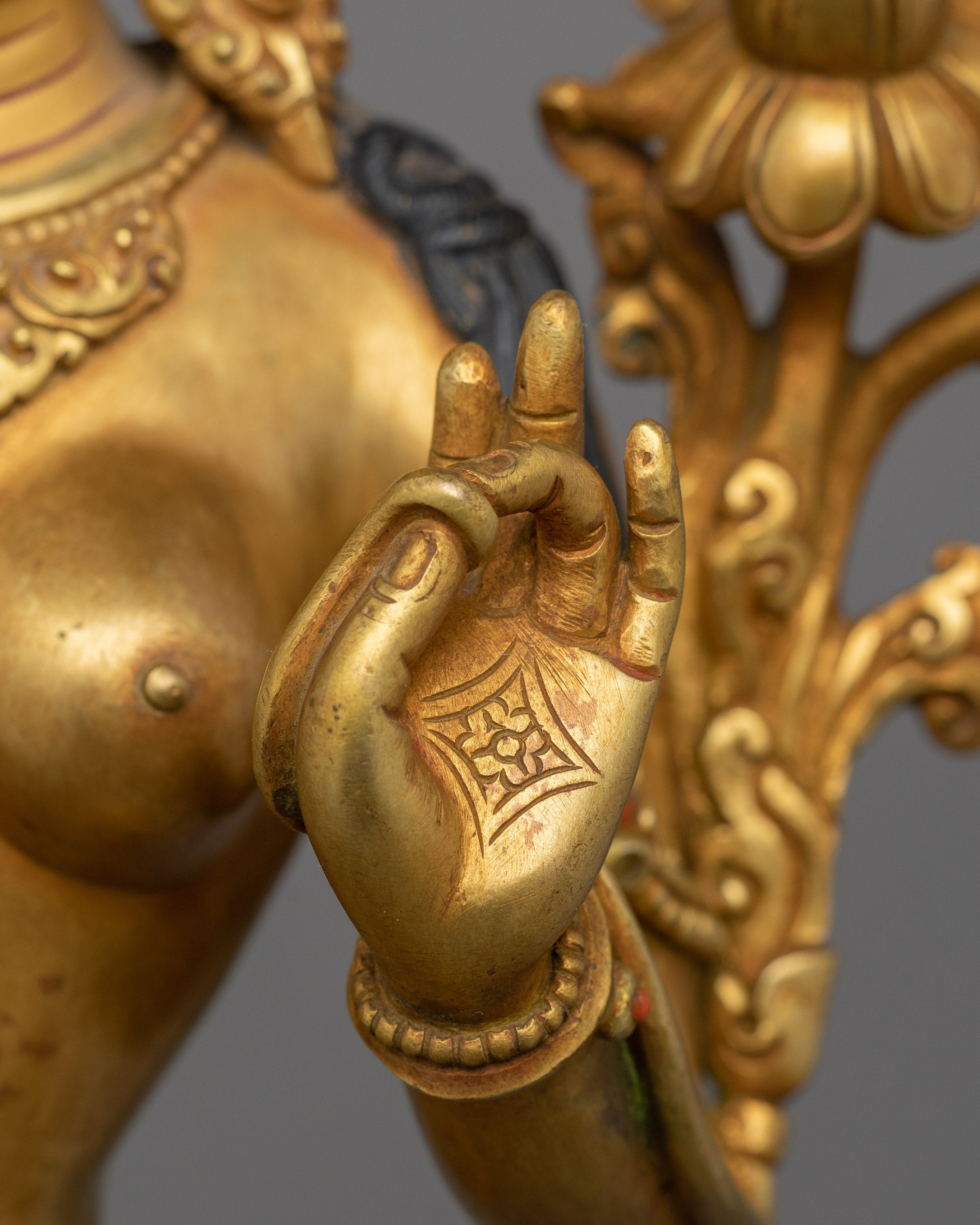 Beautiful Standing Green Tara Statue | 24K Gold Gilded