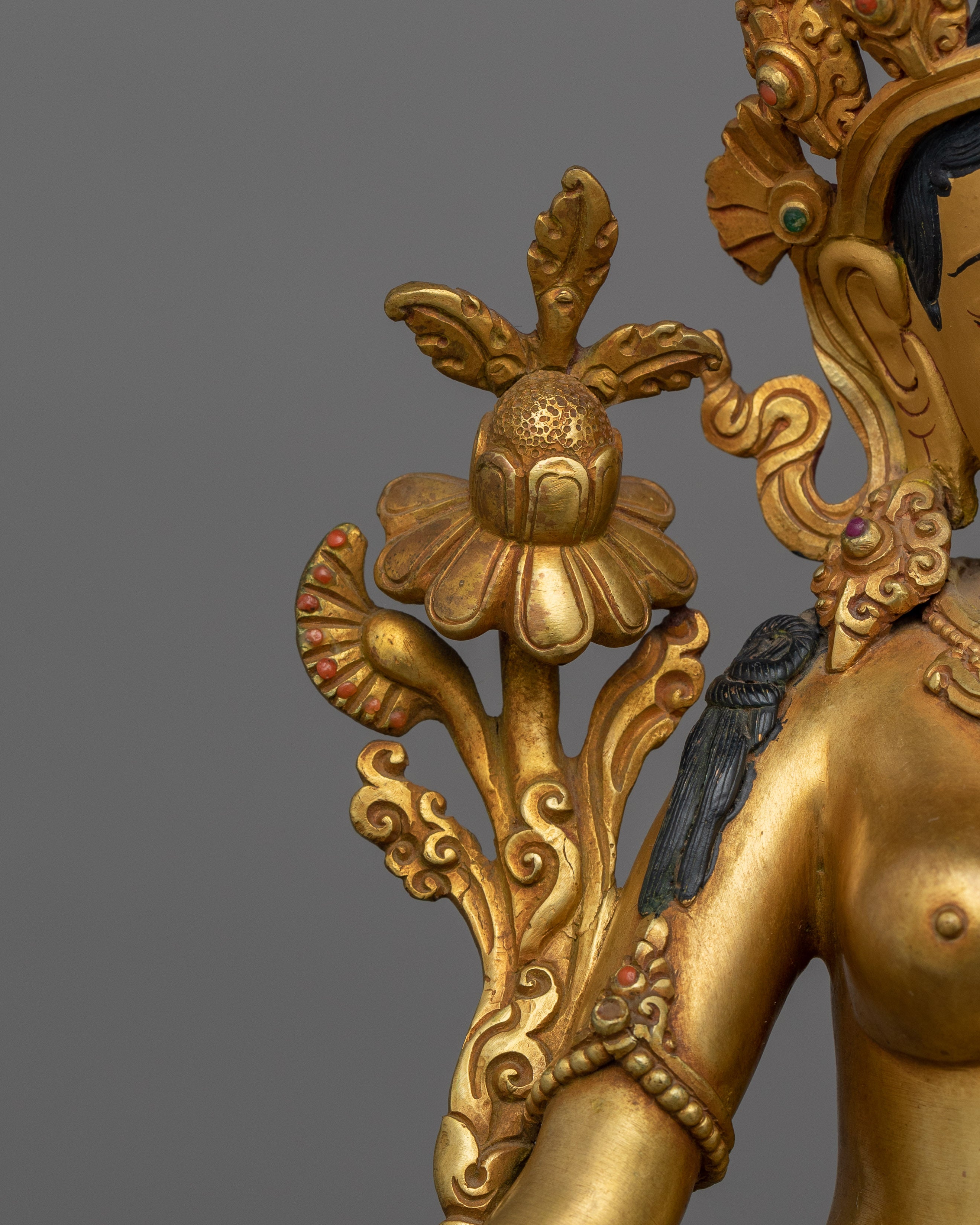 Beautiful Standing Green Tara Statue | 24K Gold Gilded