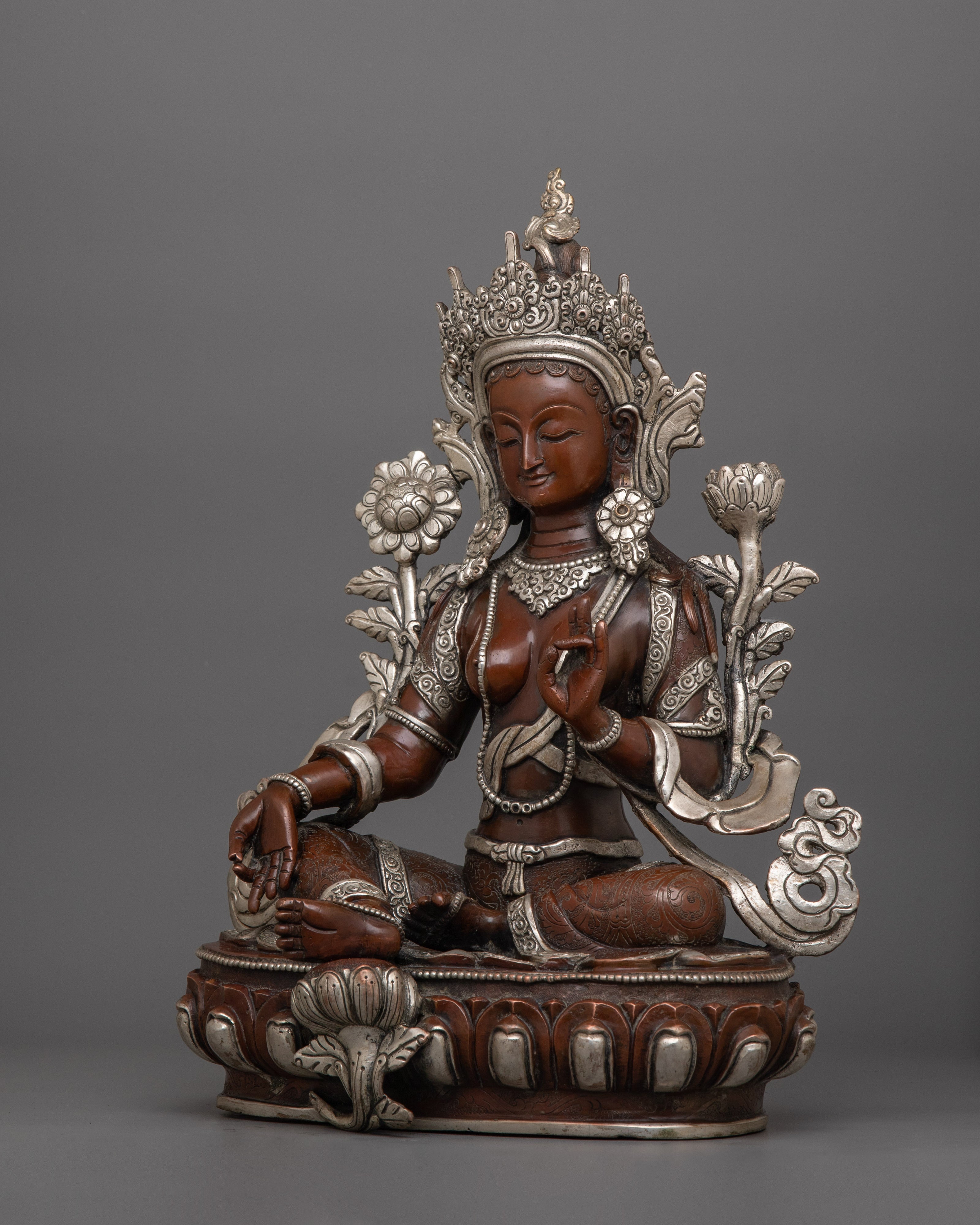 Himalayan Sculpture of Divine Deity Green Tara | Oxidized Copper Buddhist Statue