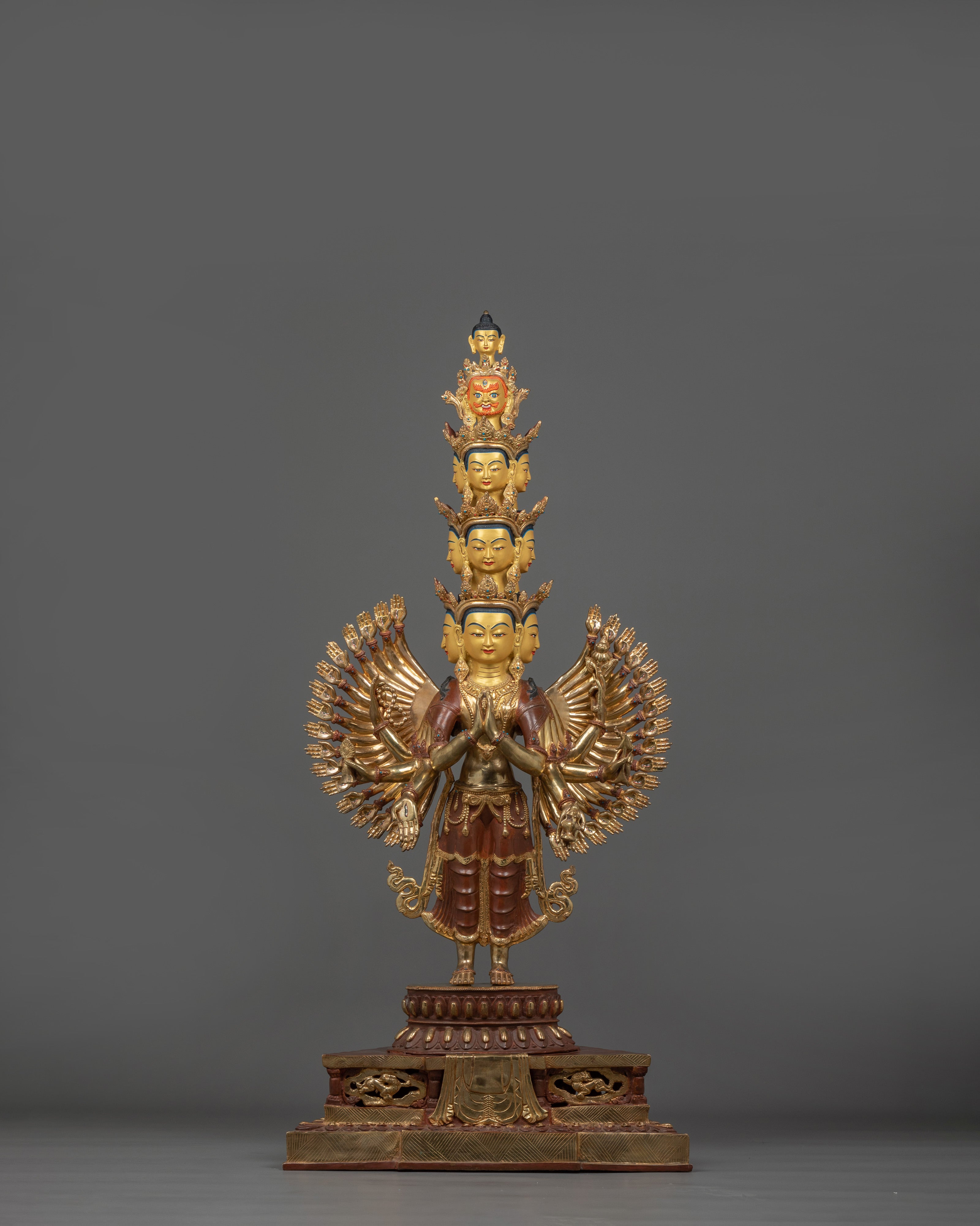 Thousand Armed Chenrezig Sculpture | 24K Gold Gilded Copper Artwork