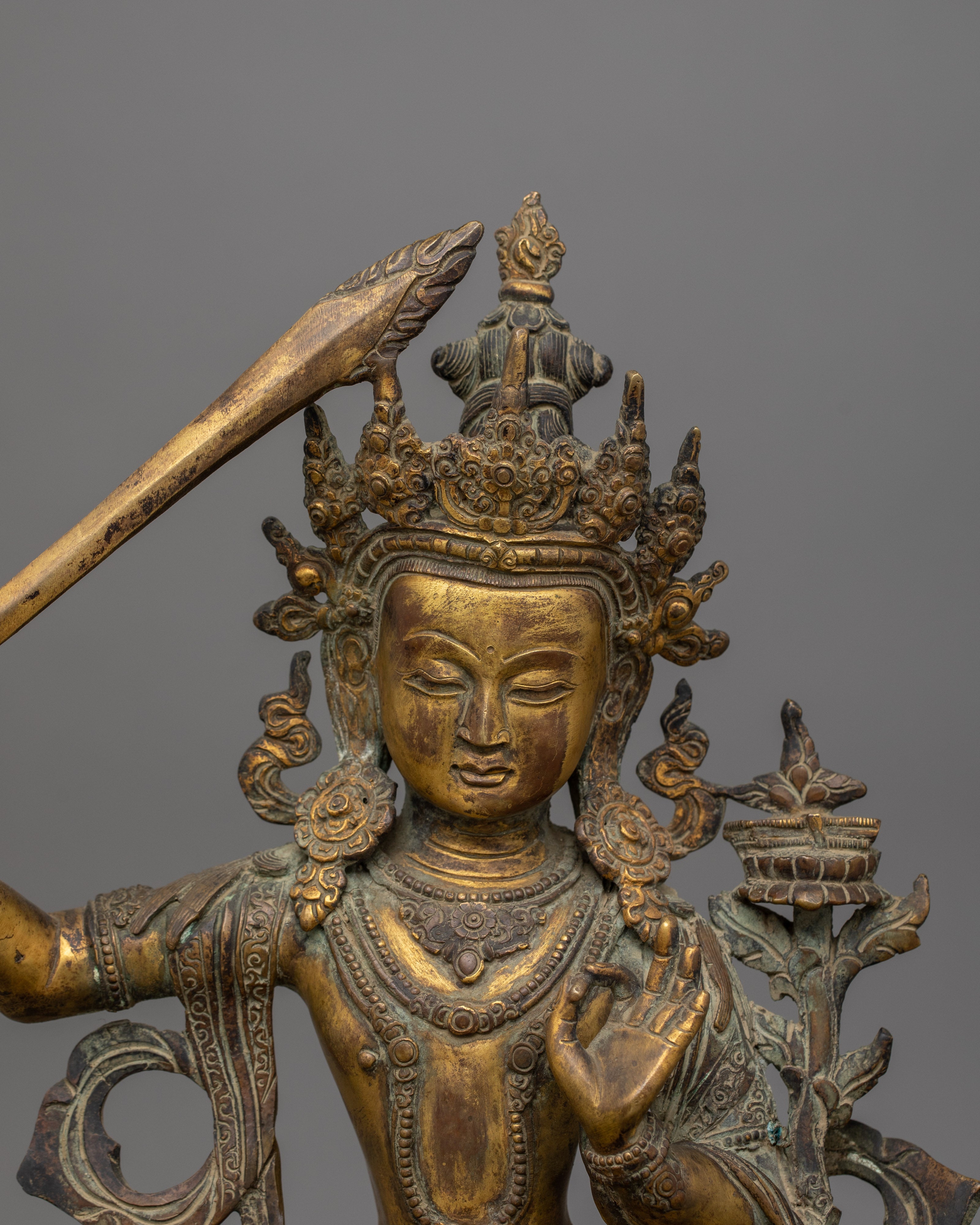 Handcrafted Antique Finish Manjushri Statue | Bodhisattva Wisdom Deity