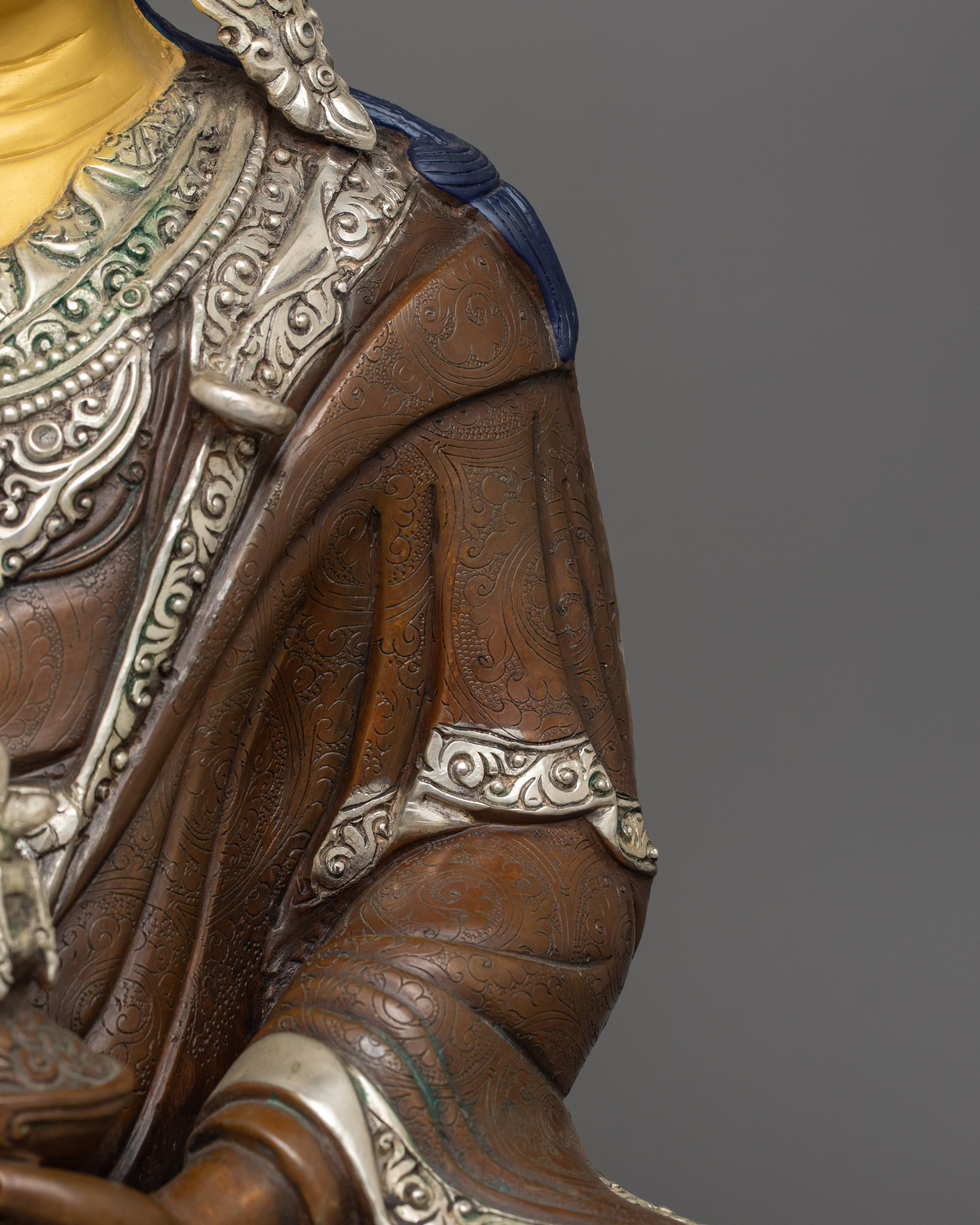 Guru Rinpoche With Two Consorts Statue | Oxidized Copper Body