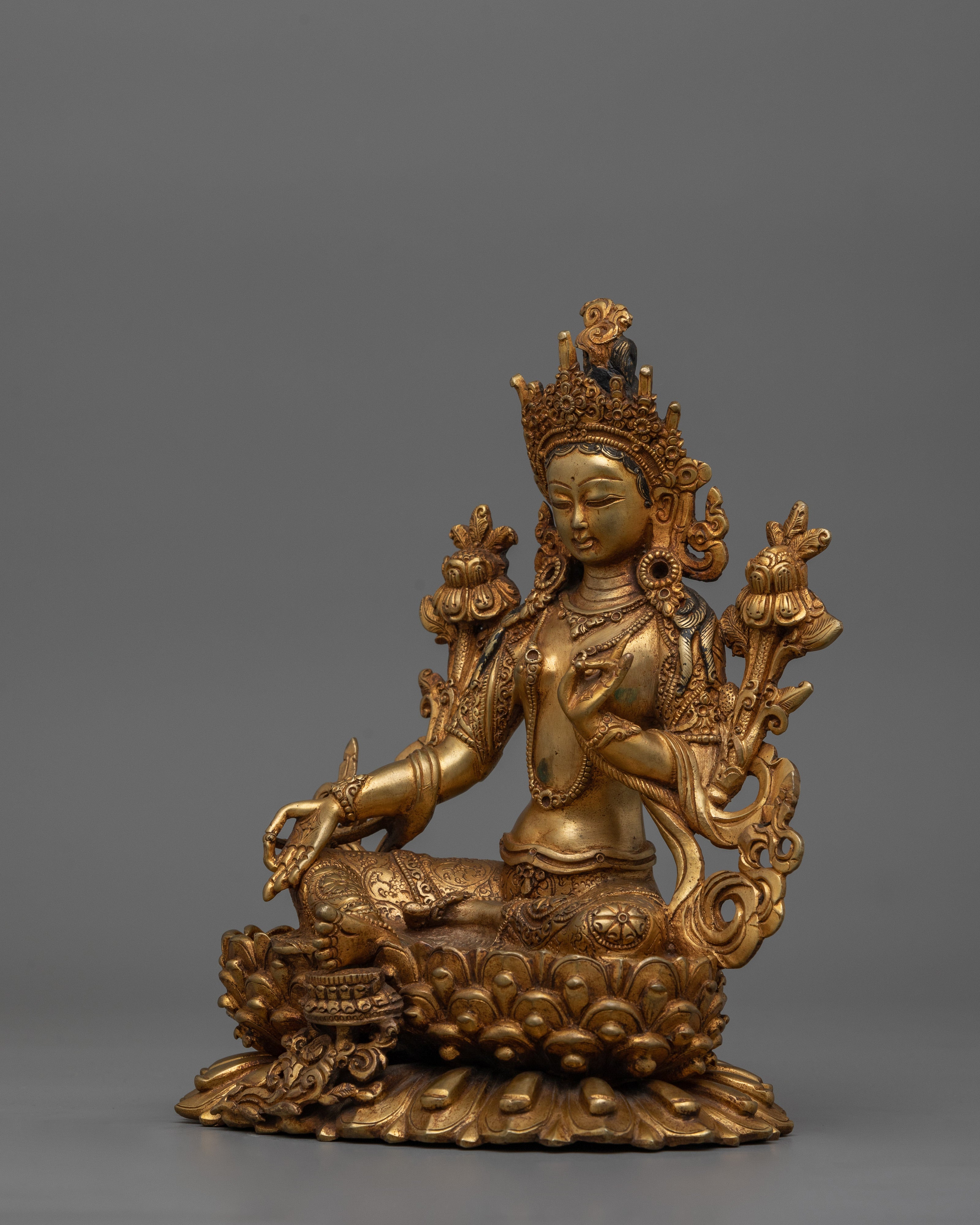 Sacred Sculpture of Buddhist Deity Green Tara | Goddess of Protection and Swift Aid