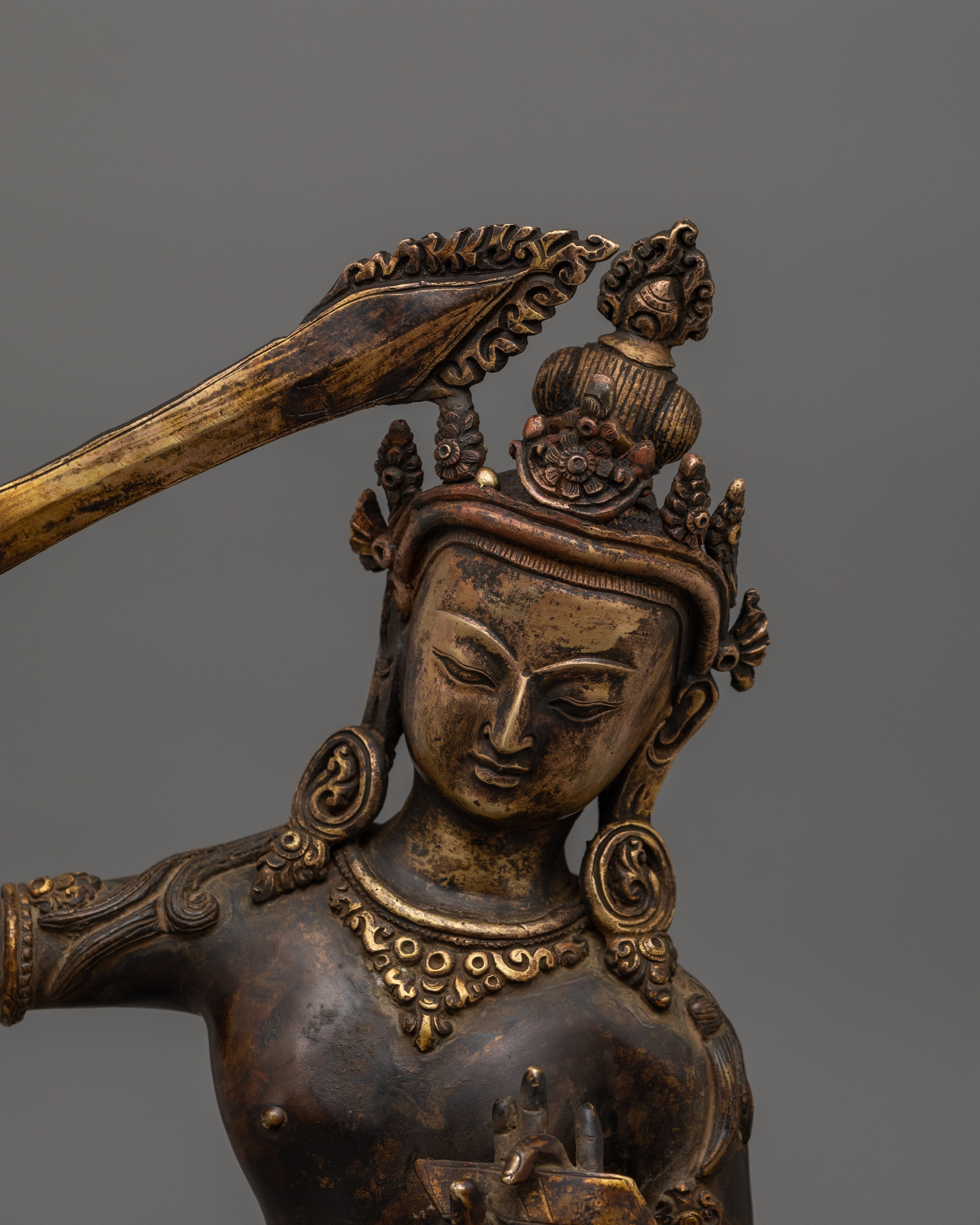 Antique Finished Manjushri Goddess Statue | 24K Gold Gilded Sculpture