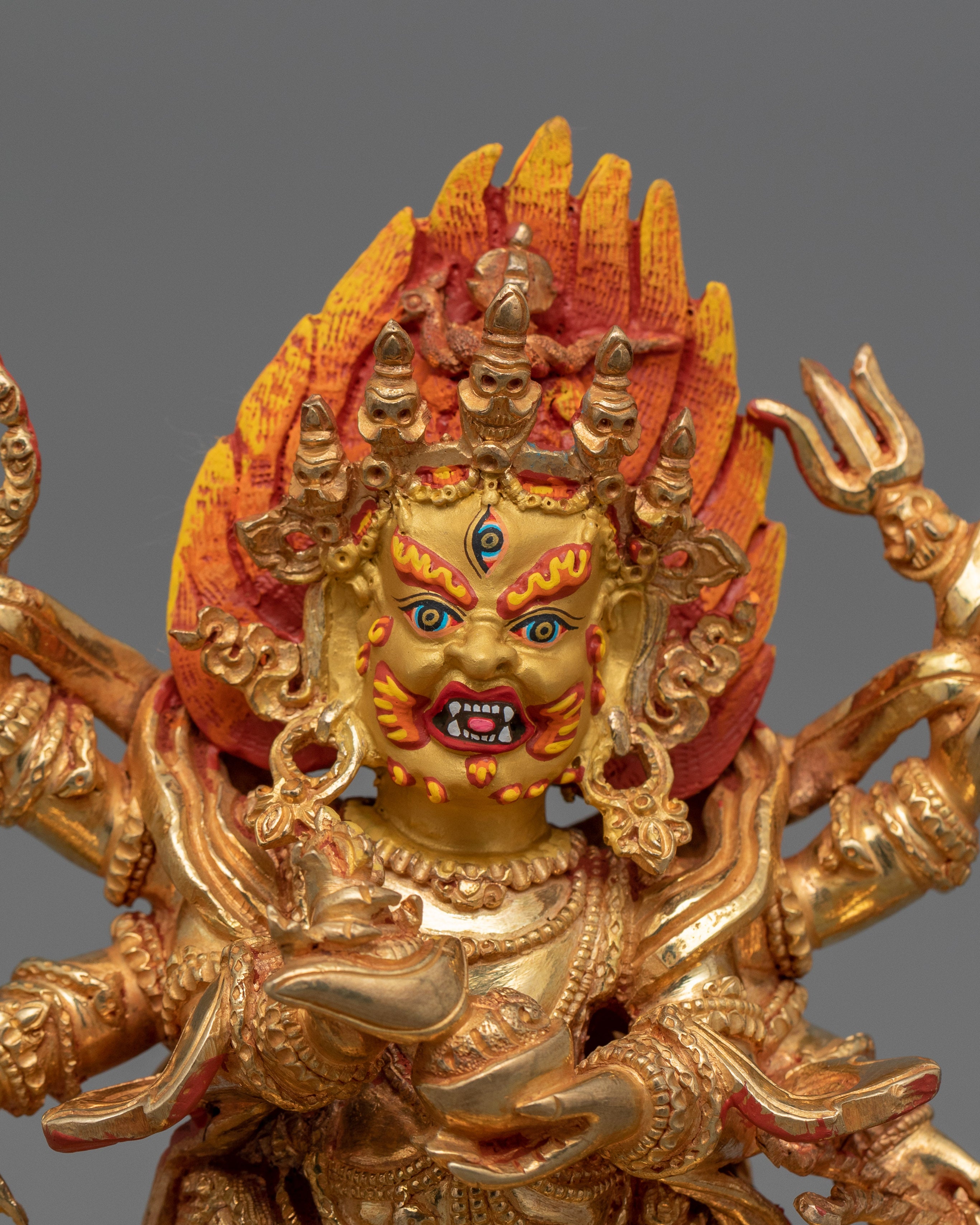 Dharma Protector Deity Six Armed Mahakala Statue | 24K Gold Gilded Art