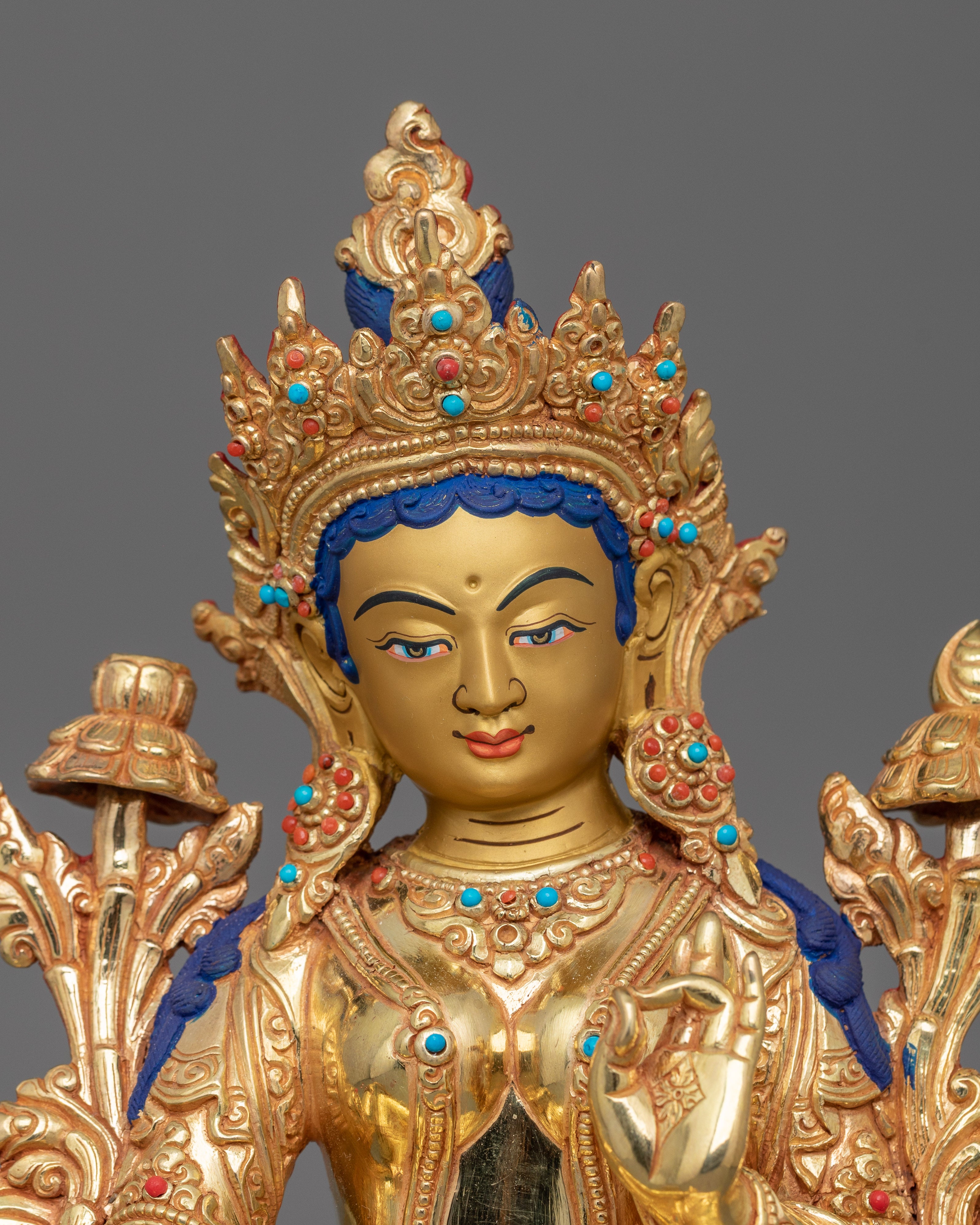 Beautiful Goddess Green Tara Statue | 24K Gold Gilded Sculpture