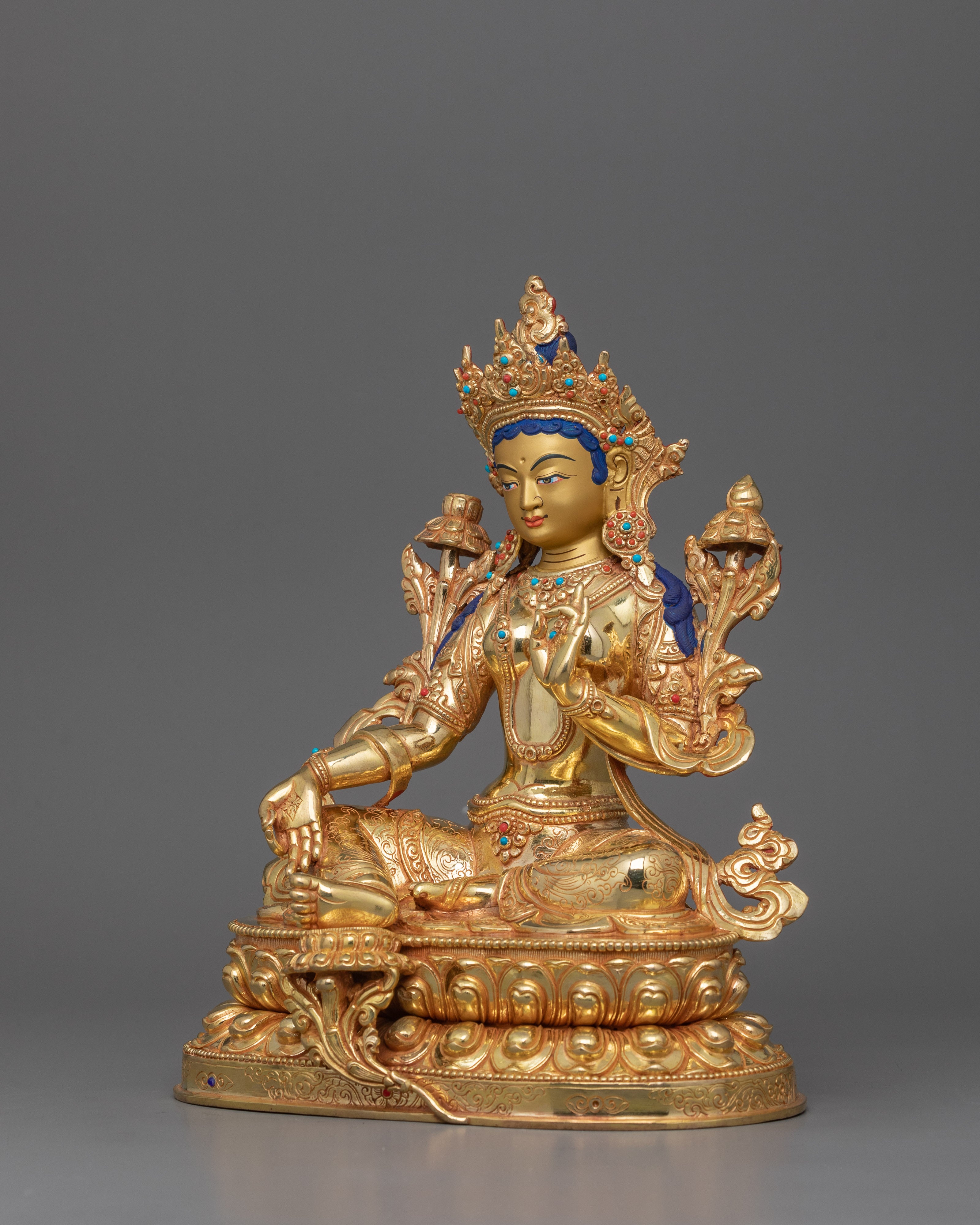 Beautiful Goddess Green Tara Statue | 24K Gold Gilded Sculpture