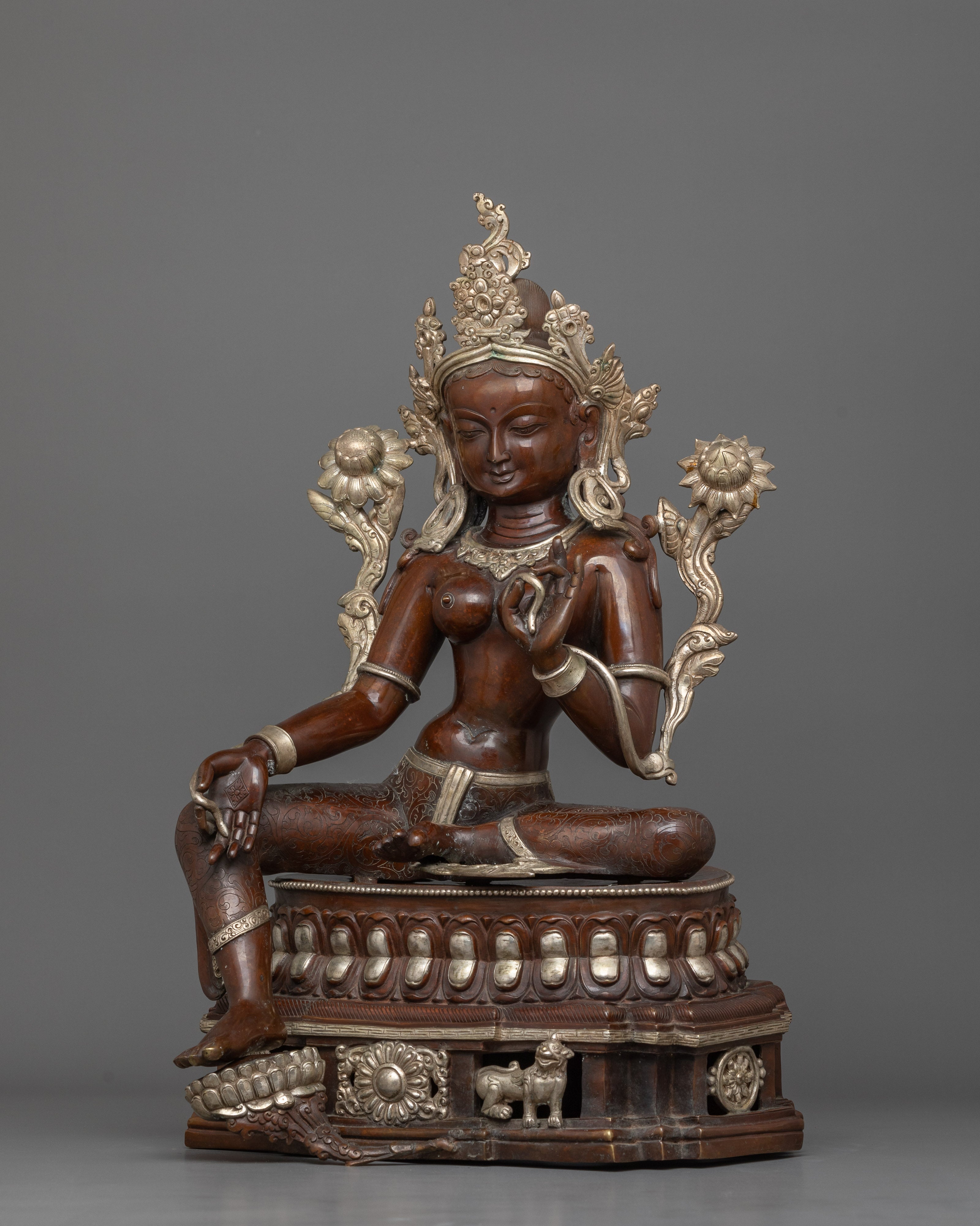 Helping Goddess Green Tara Statue | Silver Plated Mother Goddess