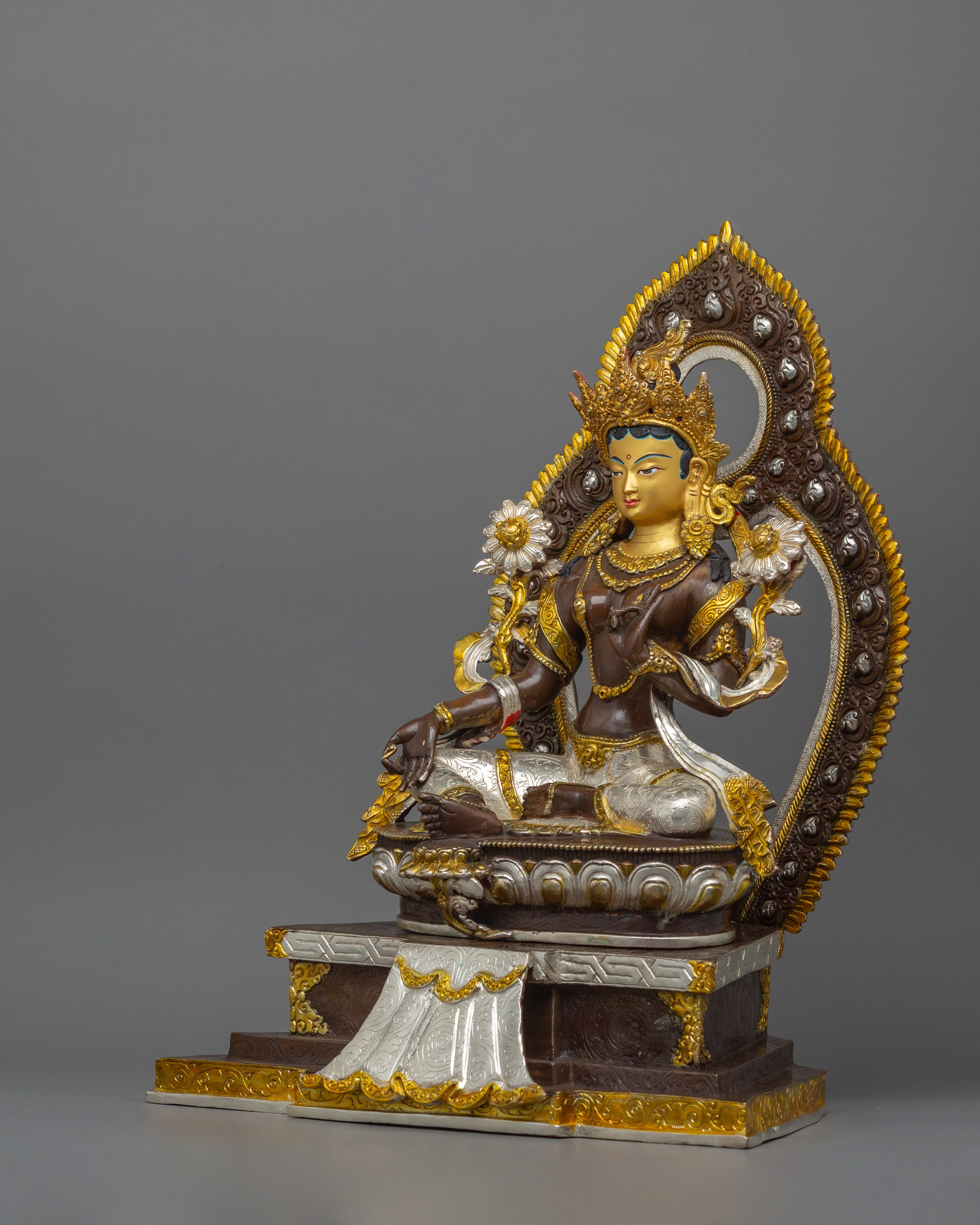 Silver Plated Green Tara Sculpture | Beautiful Halo Statue