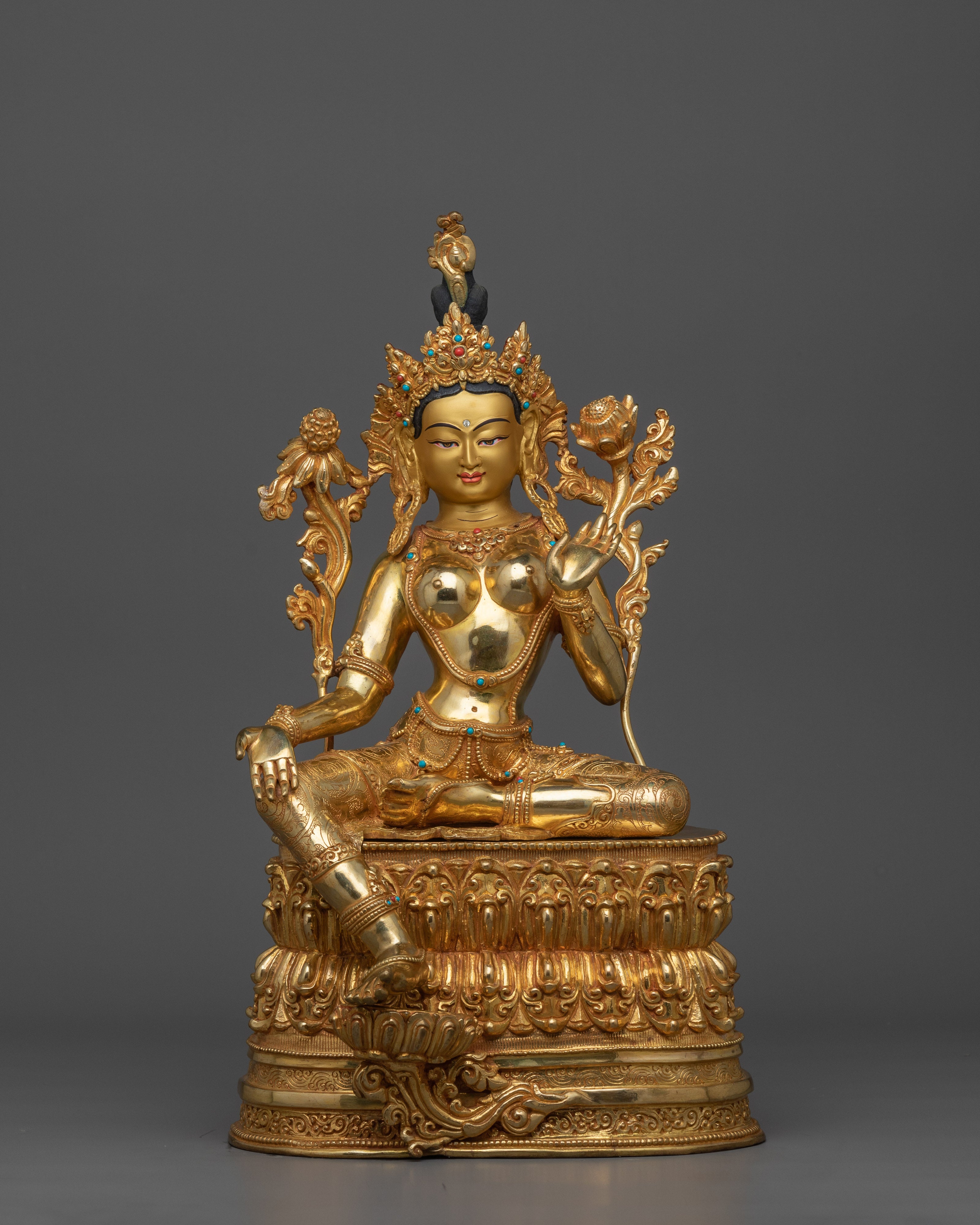 Guardian of The World Green Tara Statue | 24K Gold Gilded Sculpture