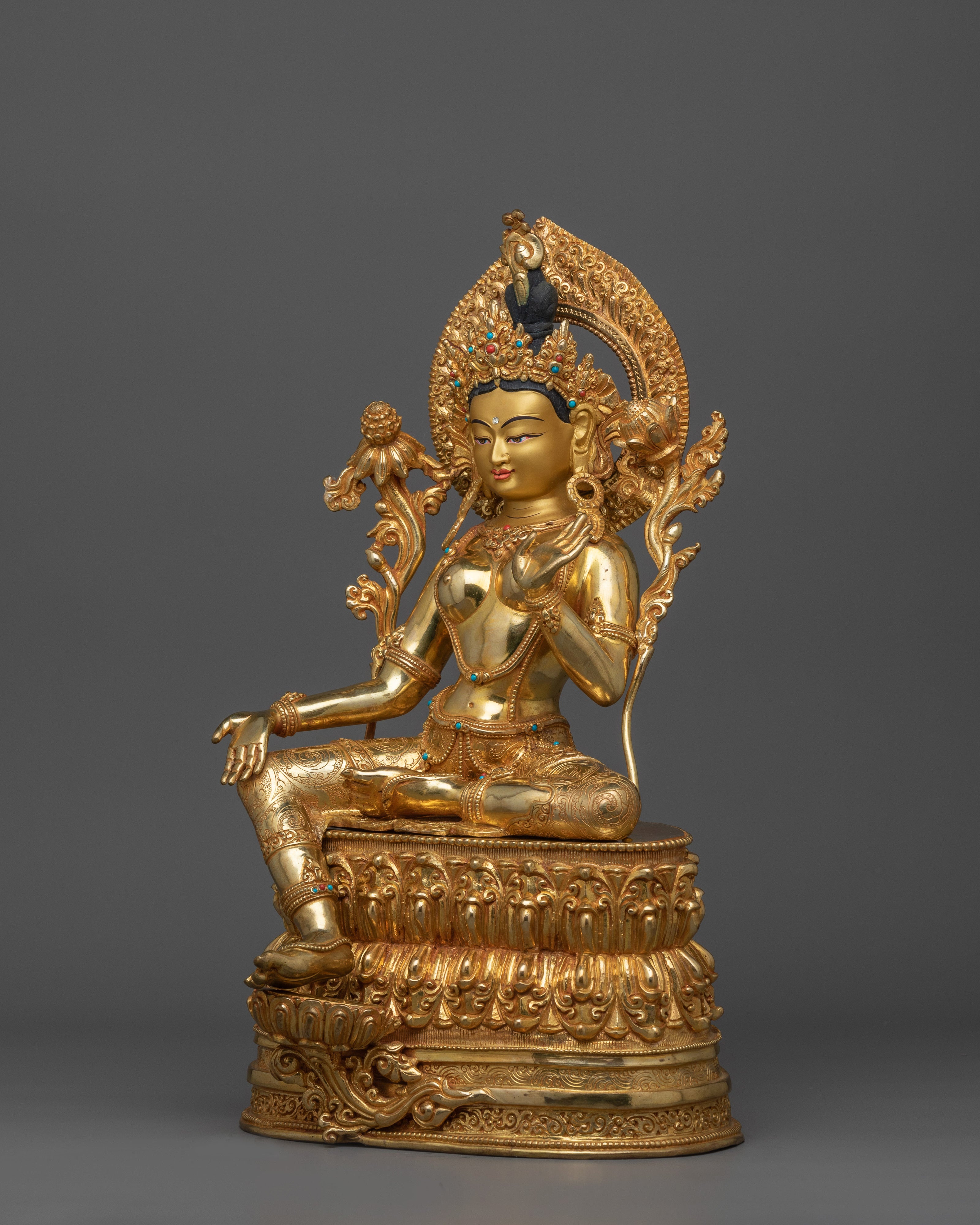 Guardian of The World Green Tara Statue | 24K Gold Gilded Sculpture