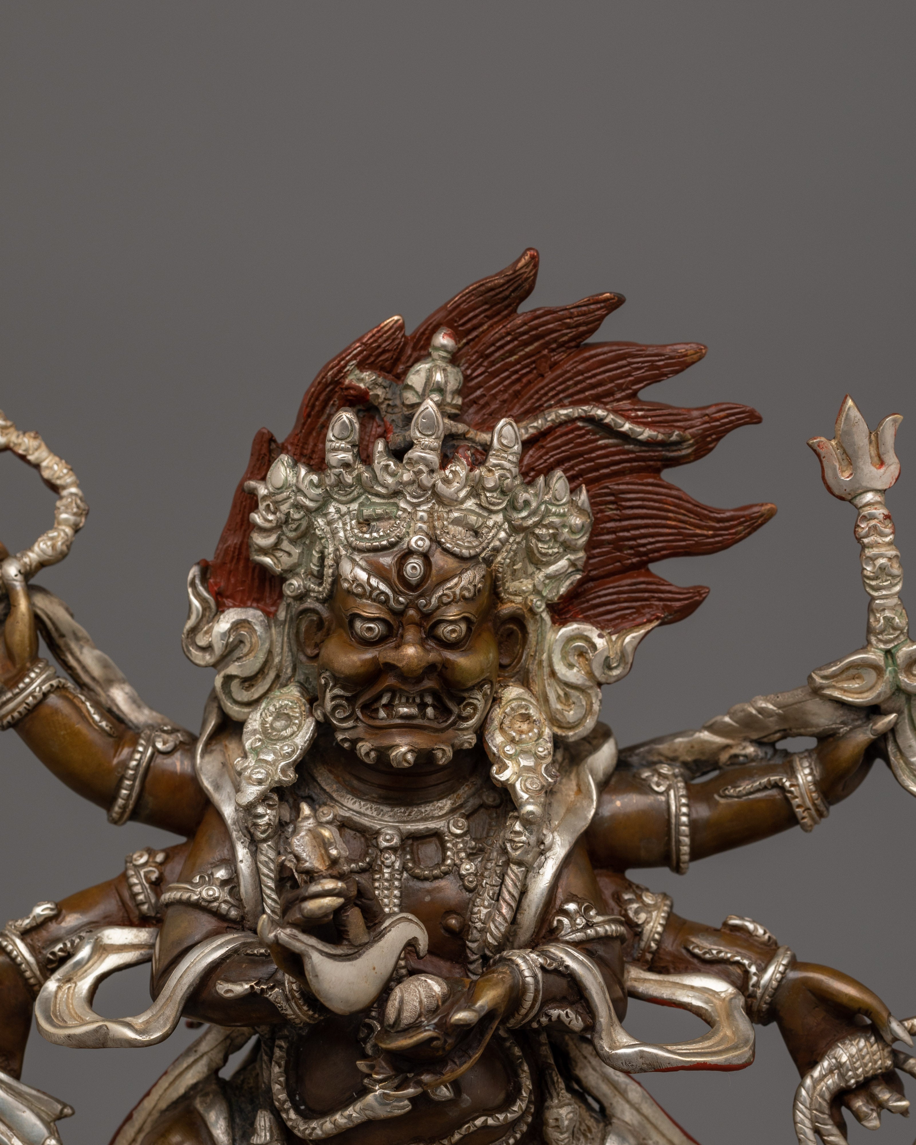 Silver Plated Six Armed Mahakala Statue | The Supreme Dharma Protector