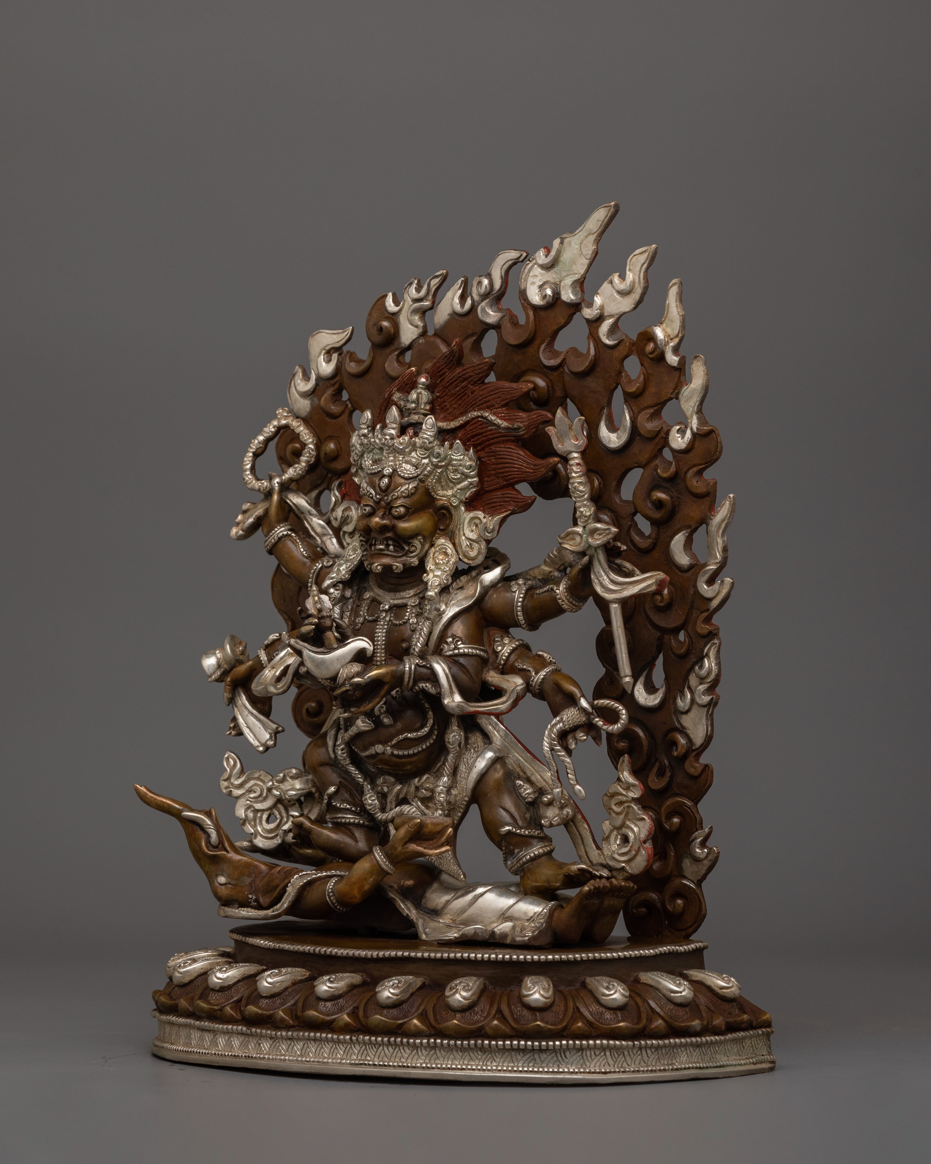 Silver Plated Six Armed Mahakala Statue | The Supreme Dharma Protector