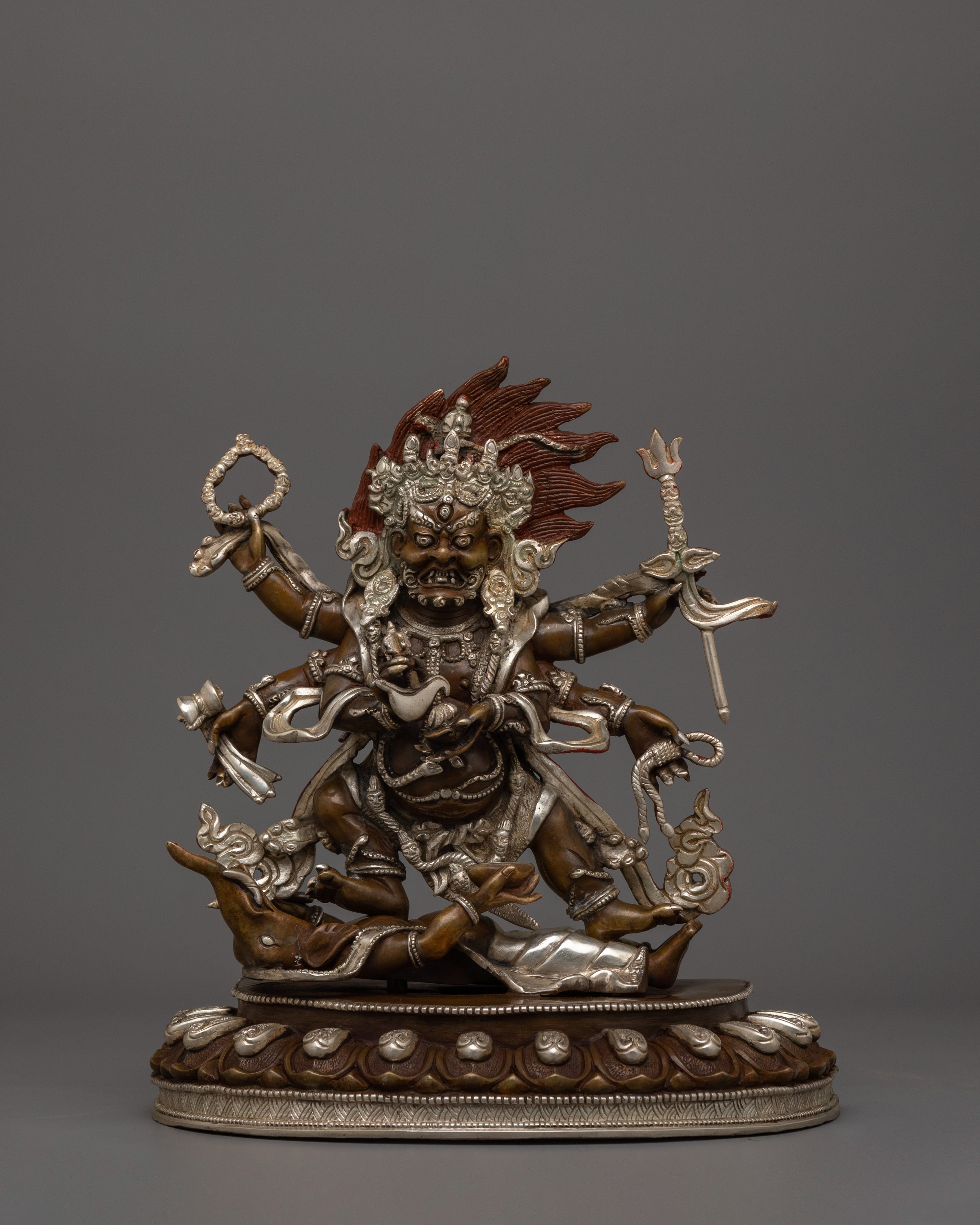 Silver Plated Six Armed Mahakala Statue | The Supreme Dharma Protector