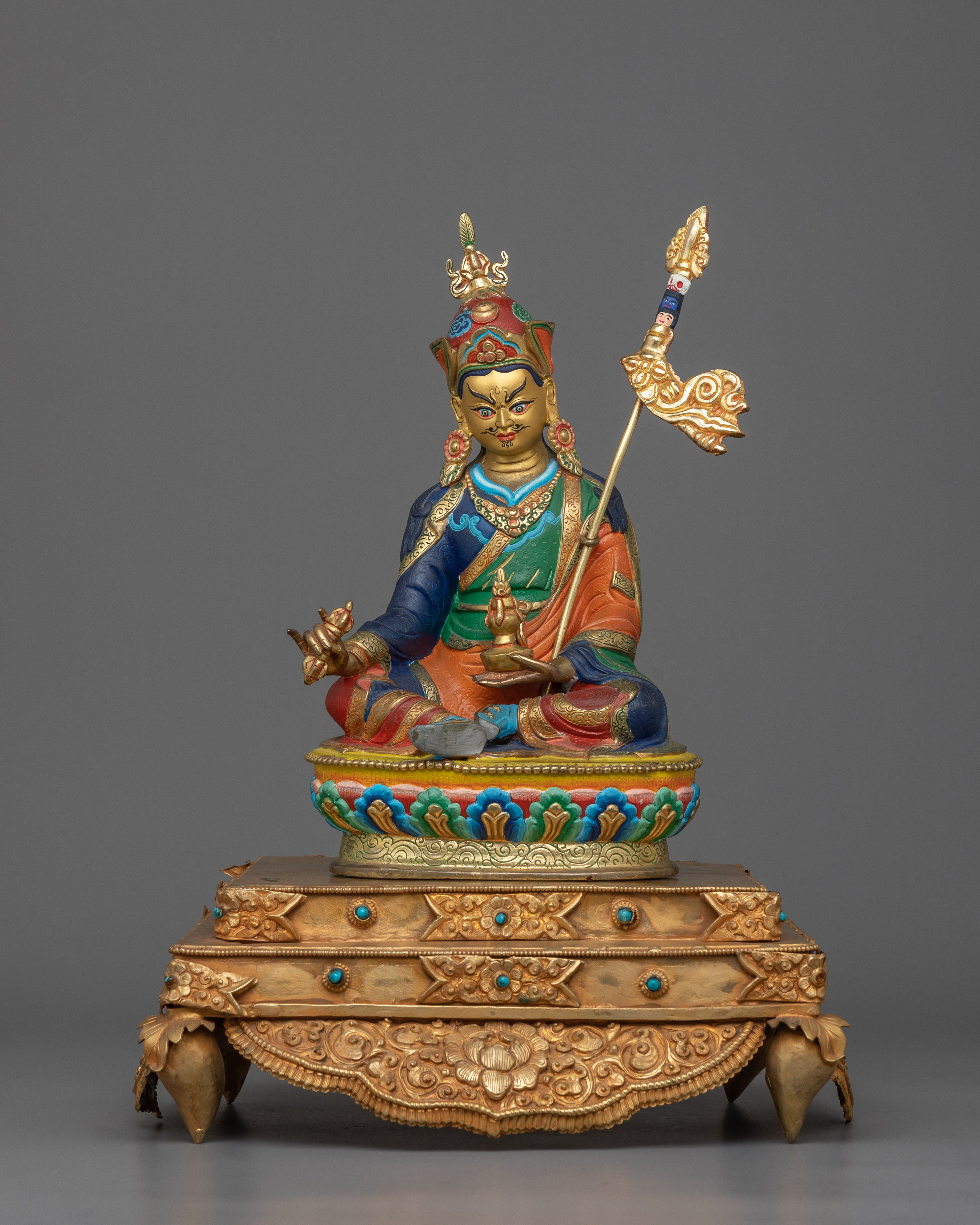 Guru Rinpoche Statue in Throne | 24K Gold Gilded Artwork