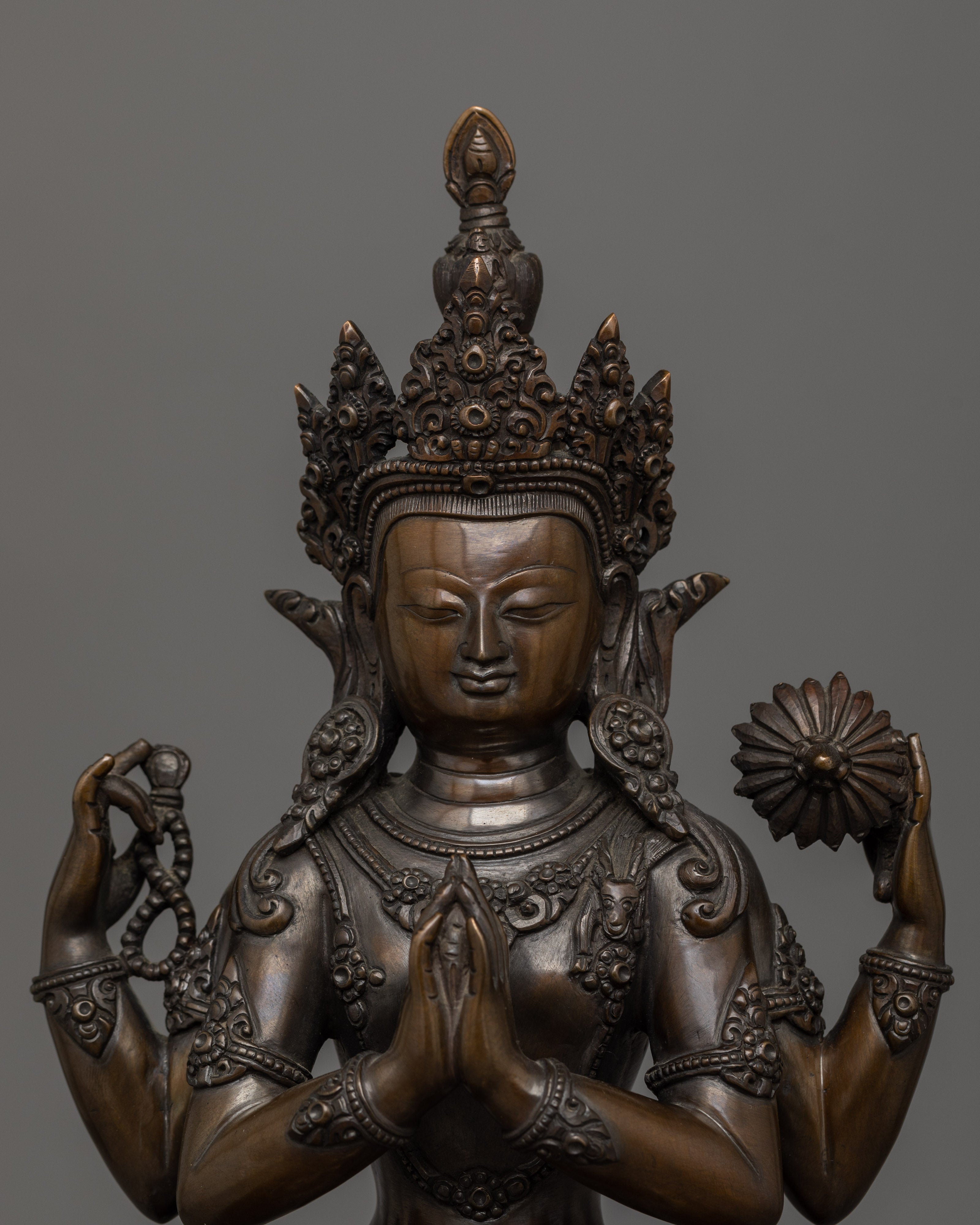 4 Armed Chenrezig with Oxidized Copper Body |  The Buddha of Infinite Compassion