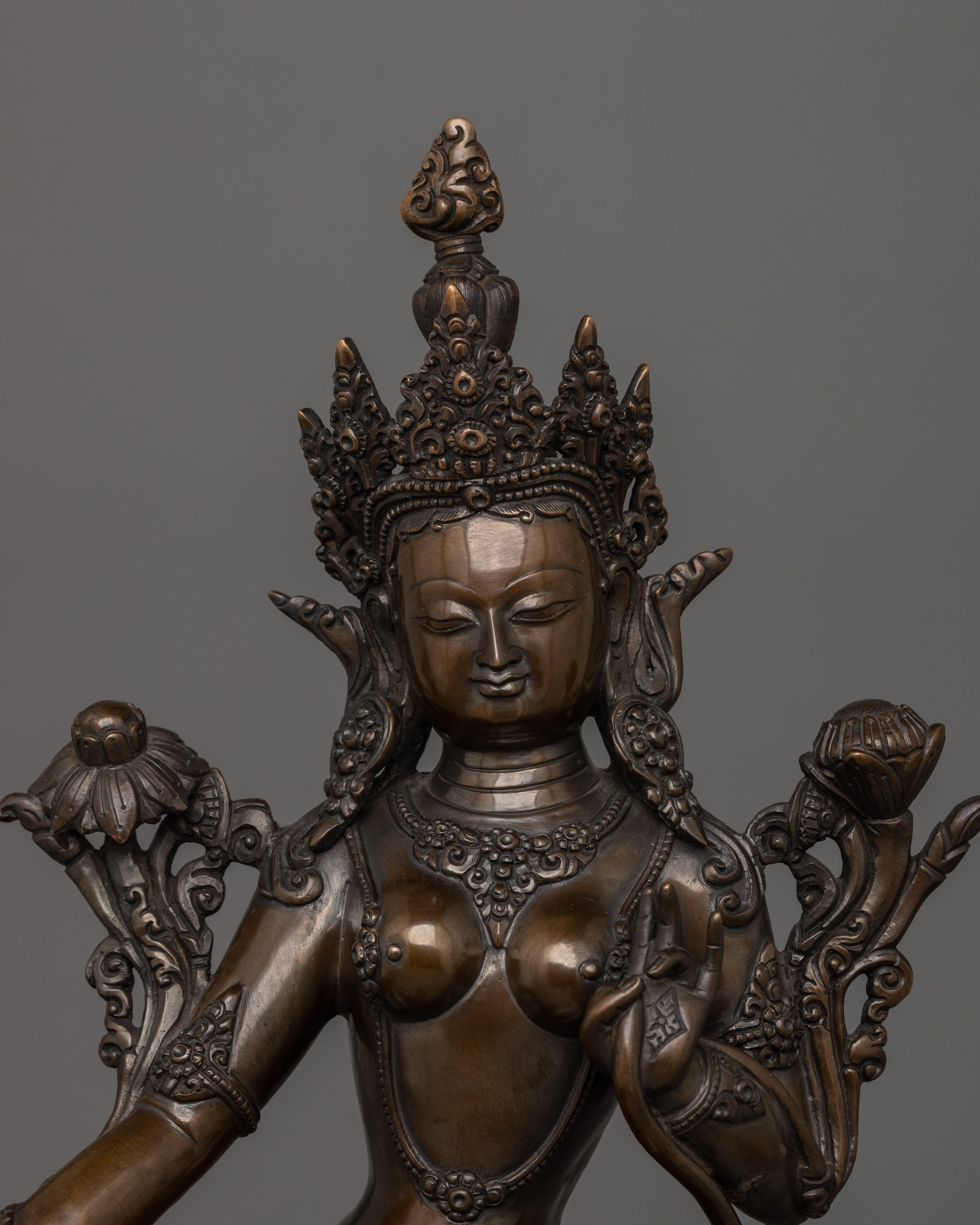 Green Tara with Oxidized Copper Body Statue | The Swift Savior