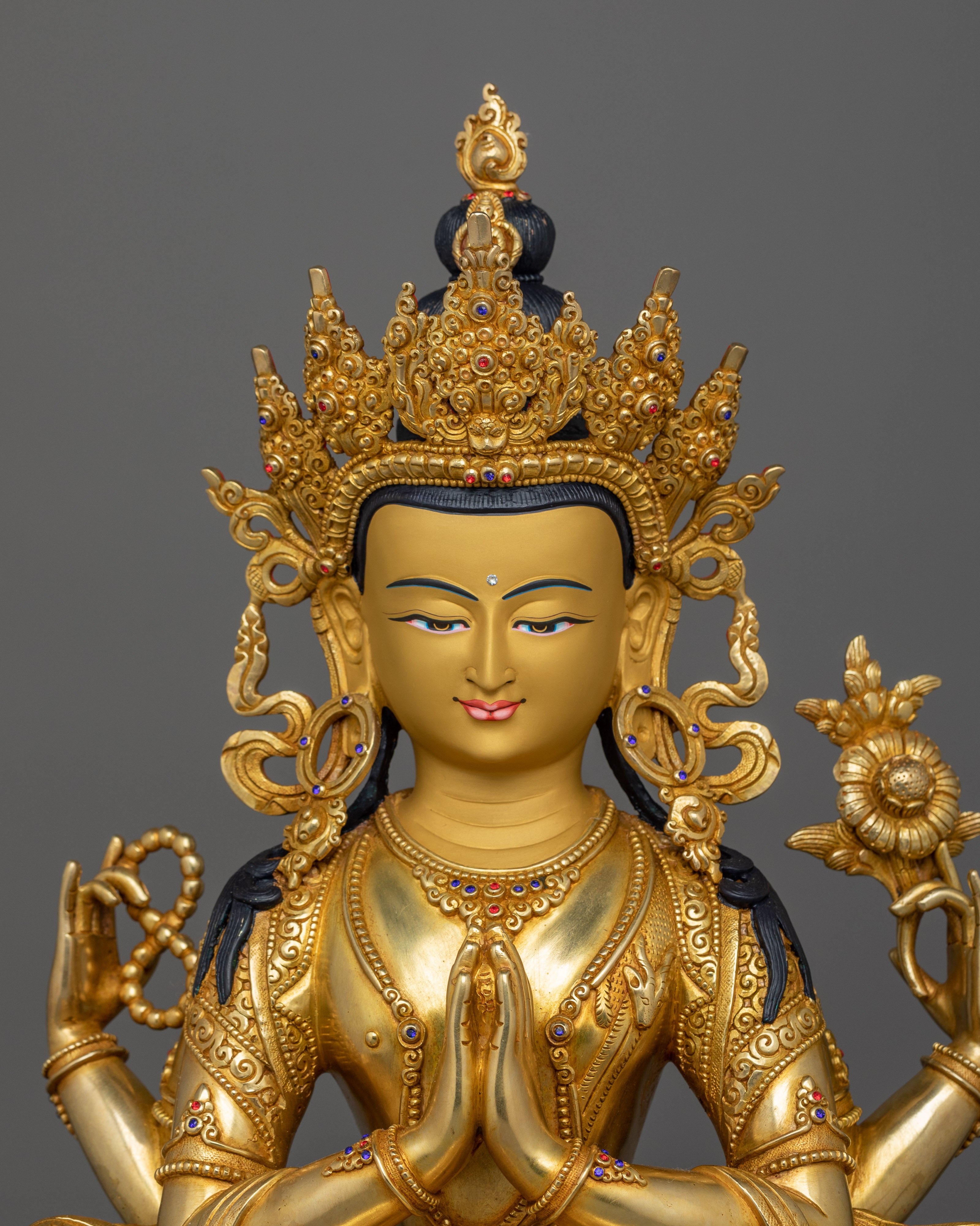 Handcrafted Sculpture of 4 Armed Chenrezig | 24K Gold Gilded