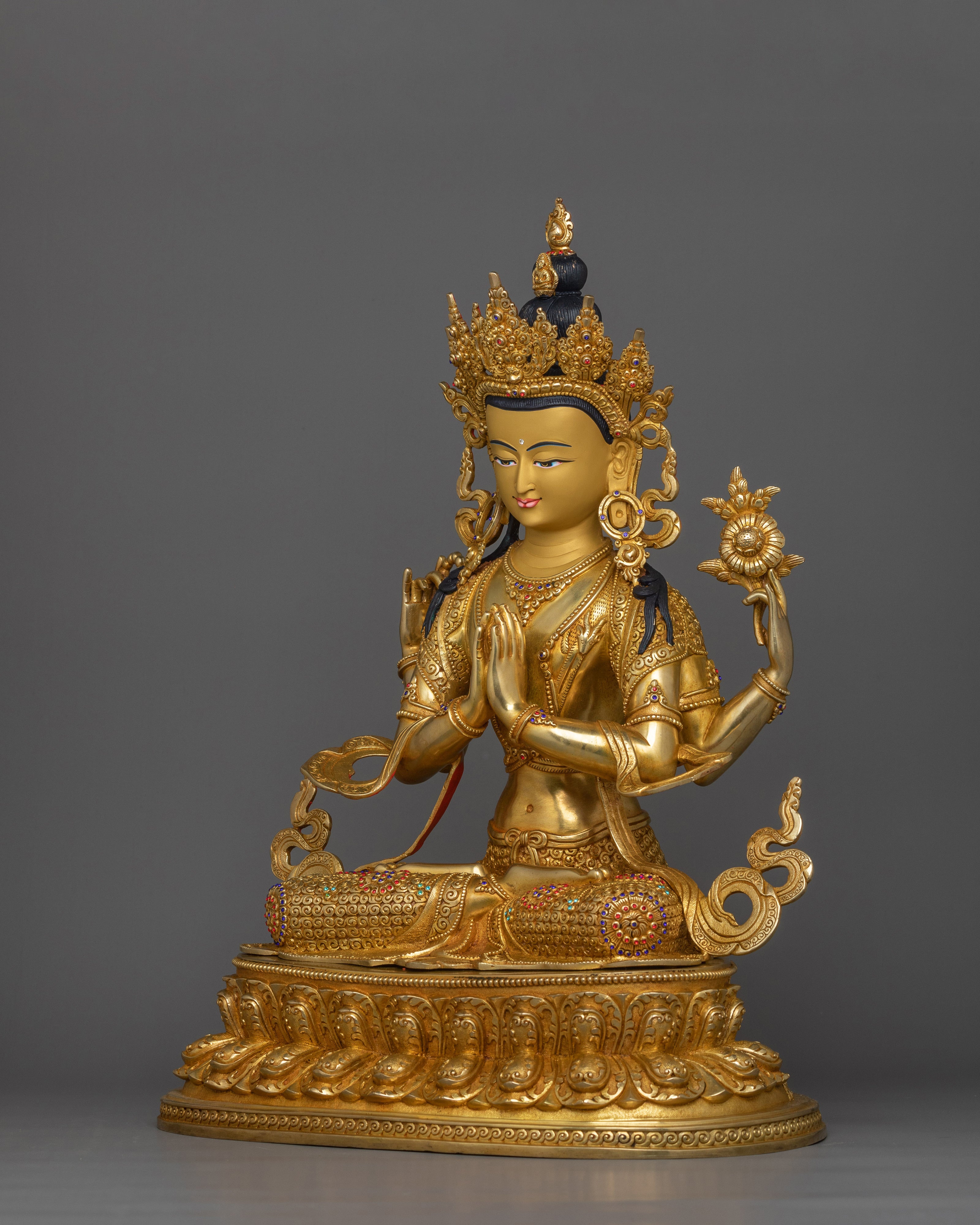 Handcrafted Sculpture of 4 Armed Chenrezig | 24K Gold Gilded