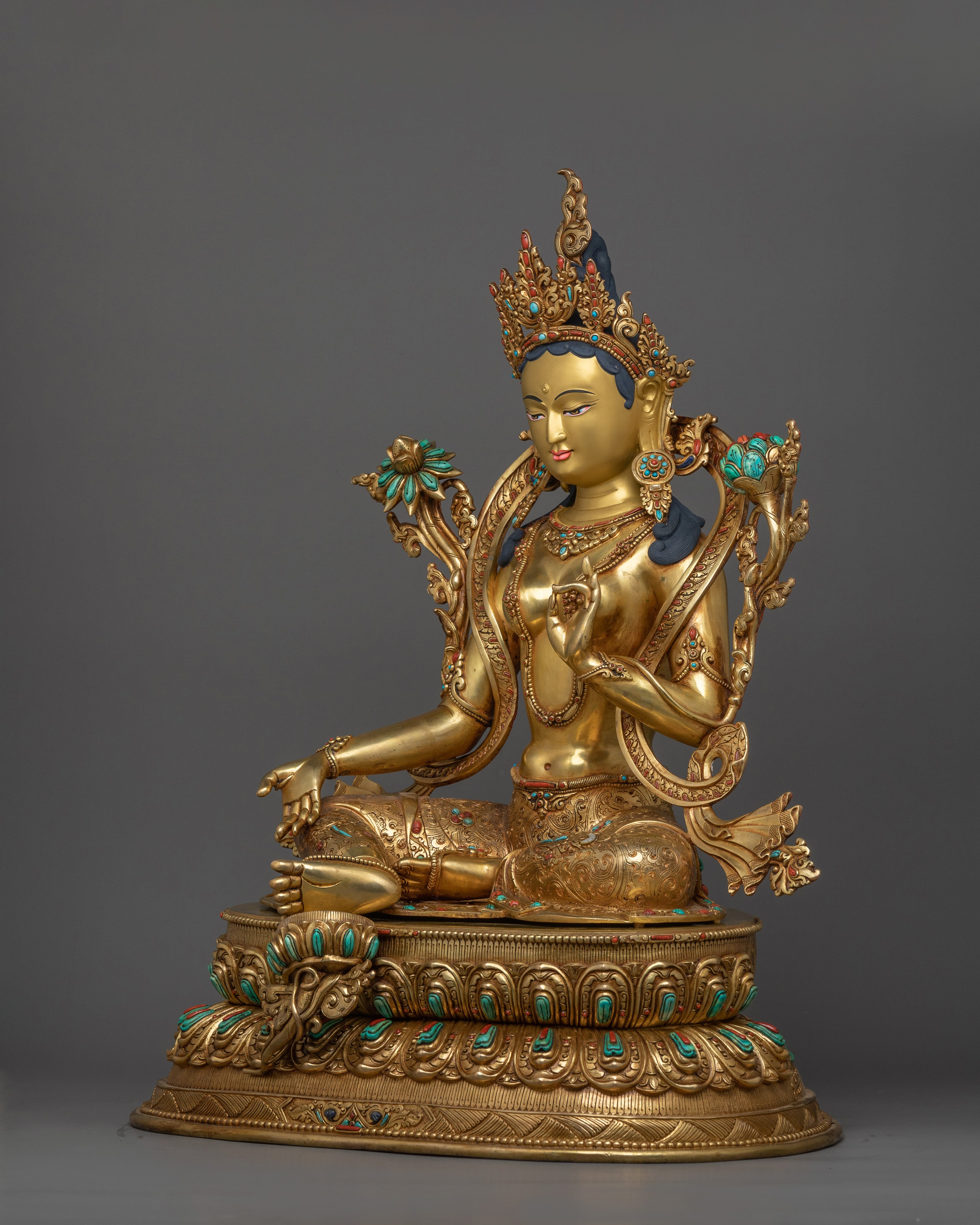 Beautiful Golden Green Tara Statue | Known as Compassionate Protector