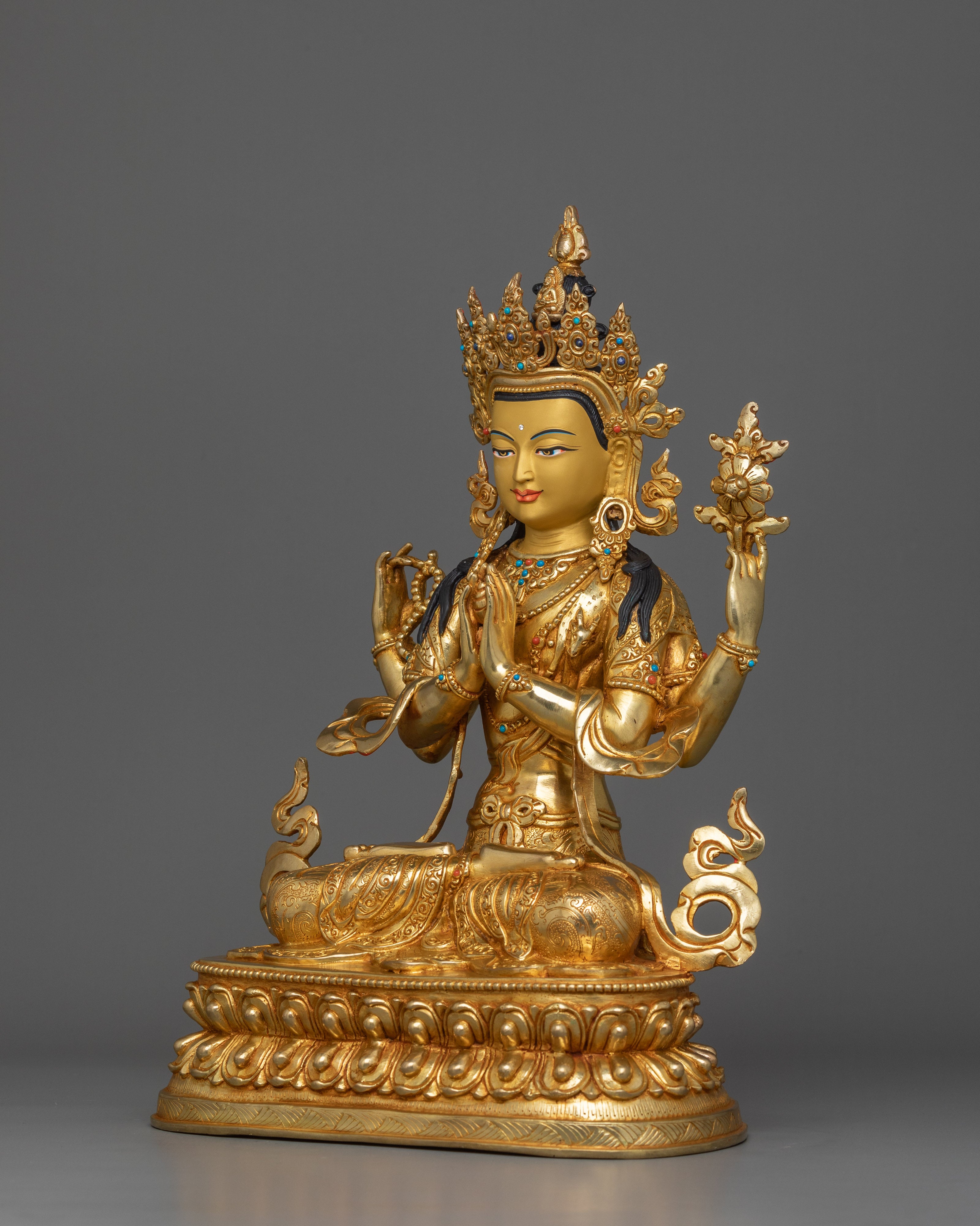 4 Armed Golden Chenrezig Statue | The Embodiment of Infinite Compassion
