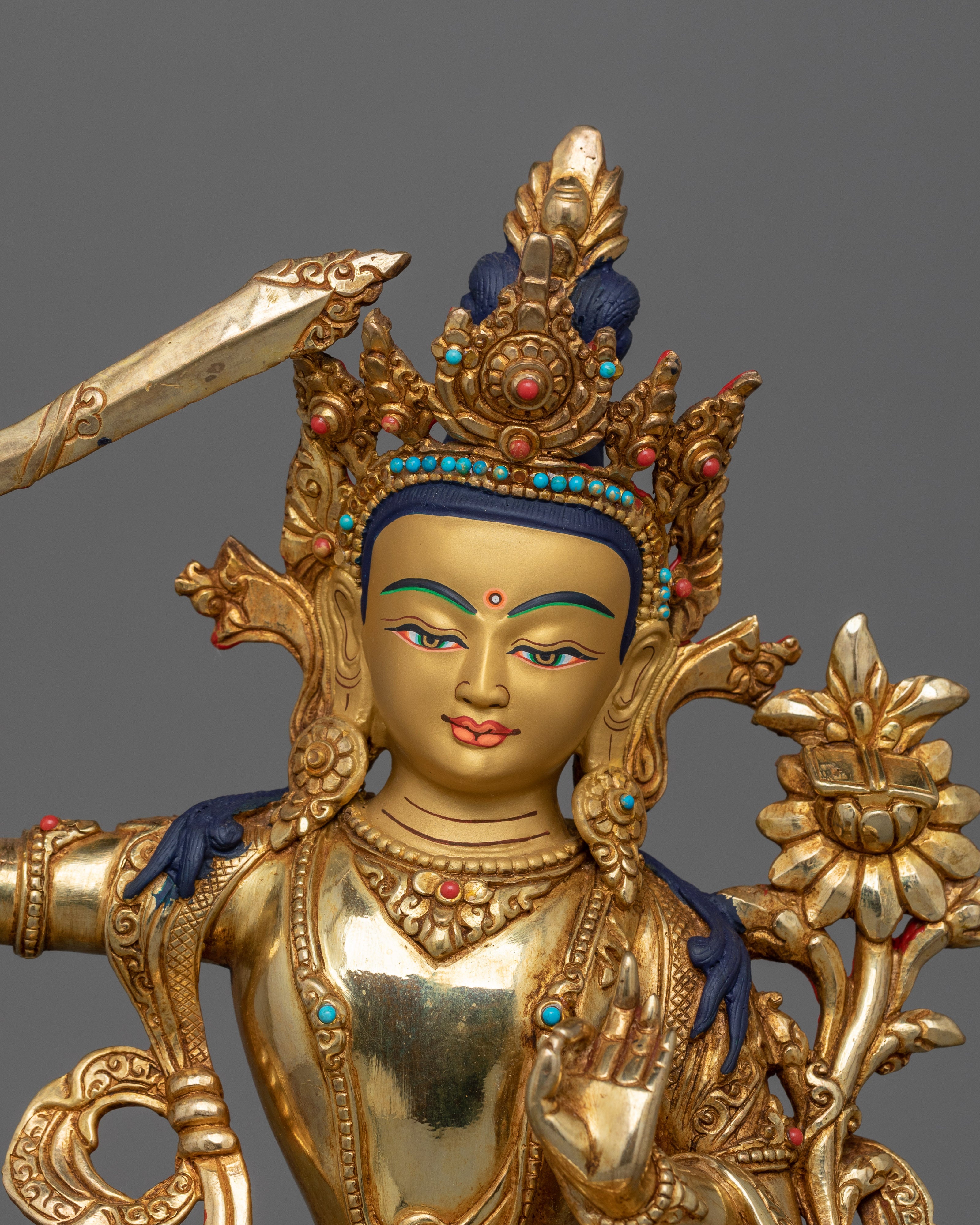 Manjushri with Hand Carved Gemstones Statue | The Embodiment of Wisdom