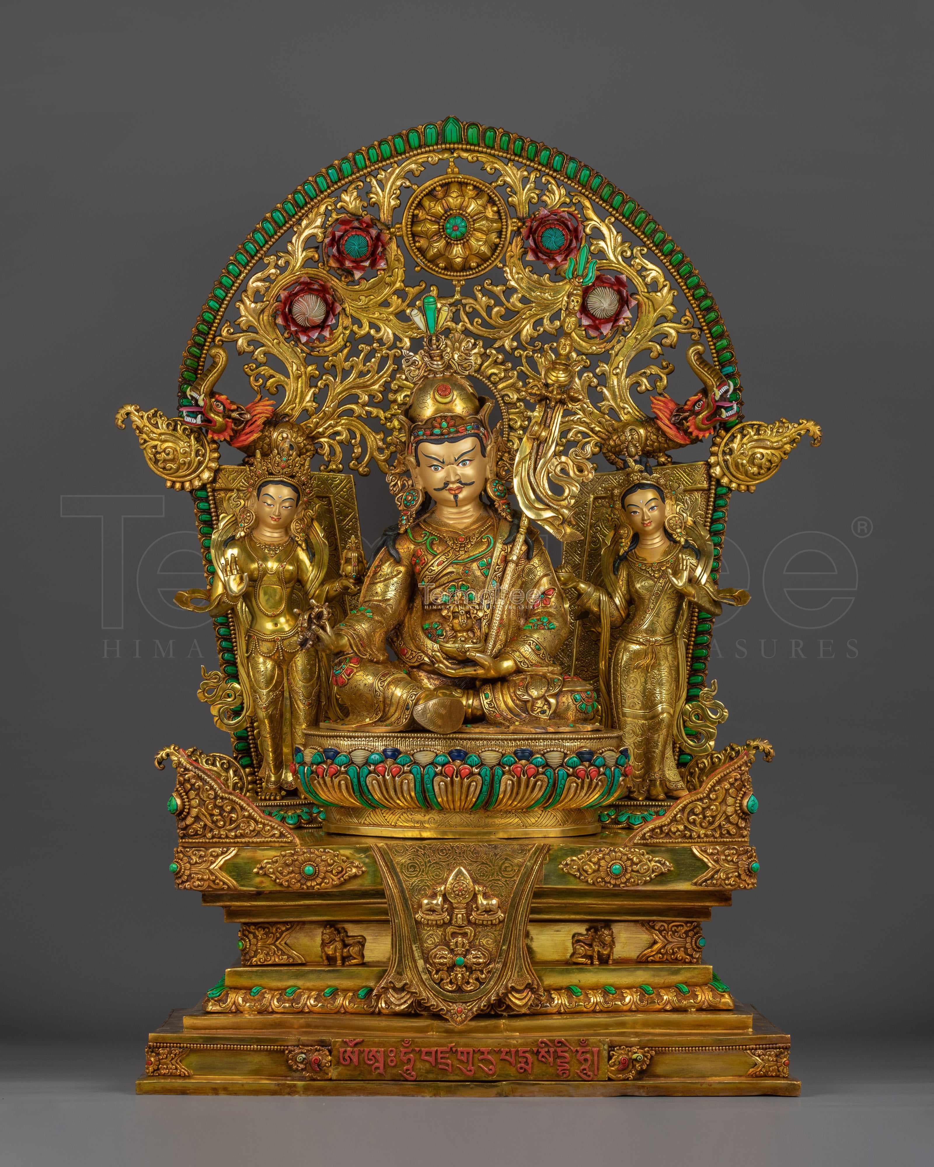 Large Guru Rinpoche Golden Statue with Mandarva and Yeshe Tsoygal