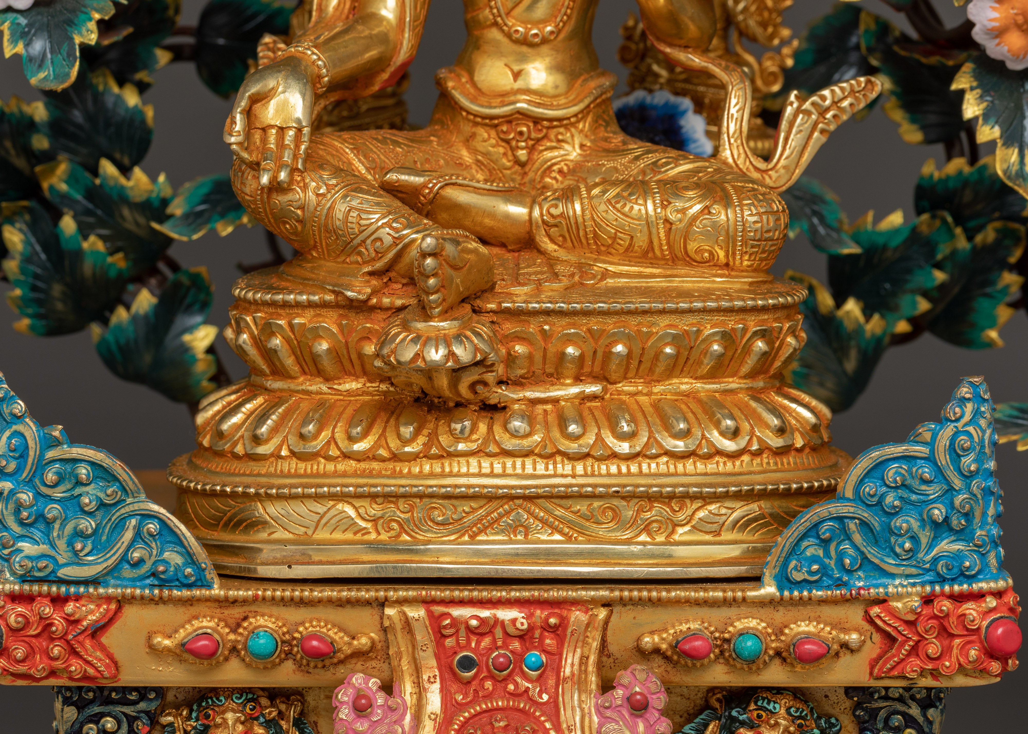 Magnificent 21 Tara statue set | 24K Gold Gilded with Handcarved Gemstones Statue Set