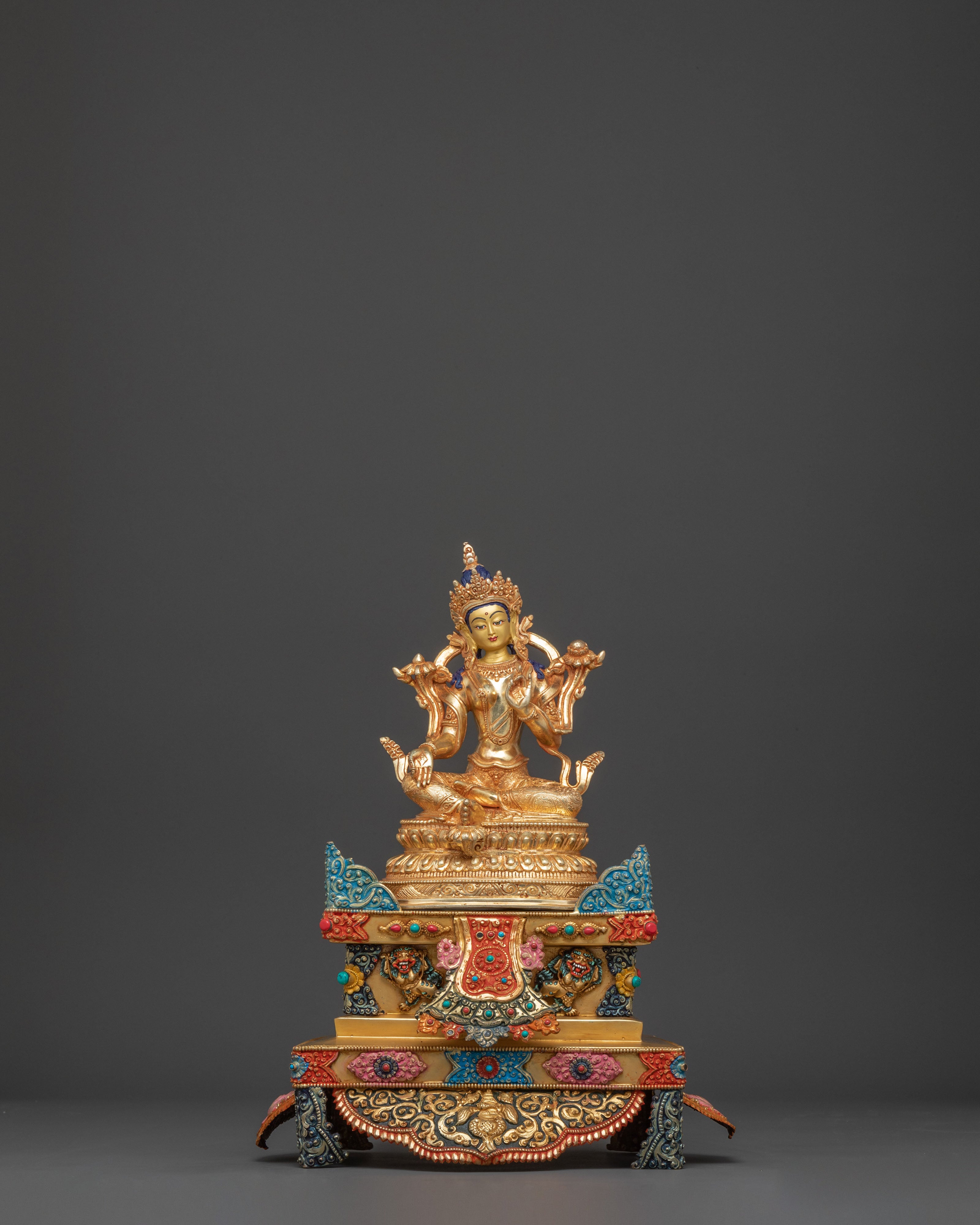 Magnificent 21 Tara statue set | 24K Gold Gilded with Handcarved Gemstones Statue Set