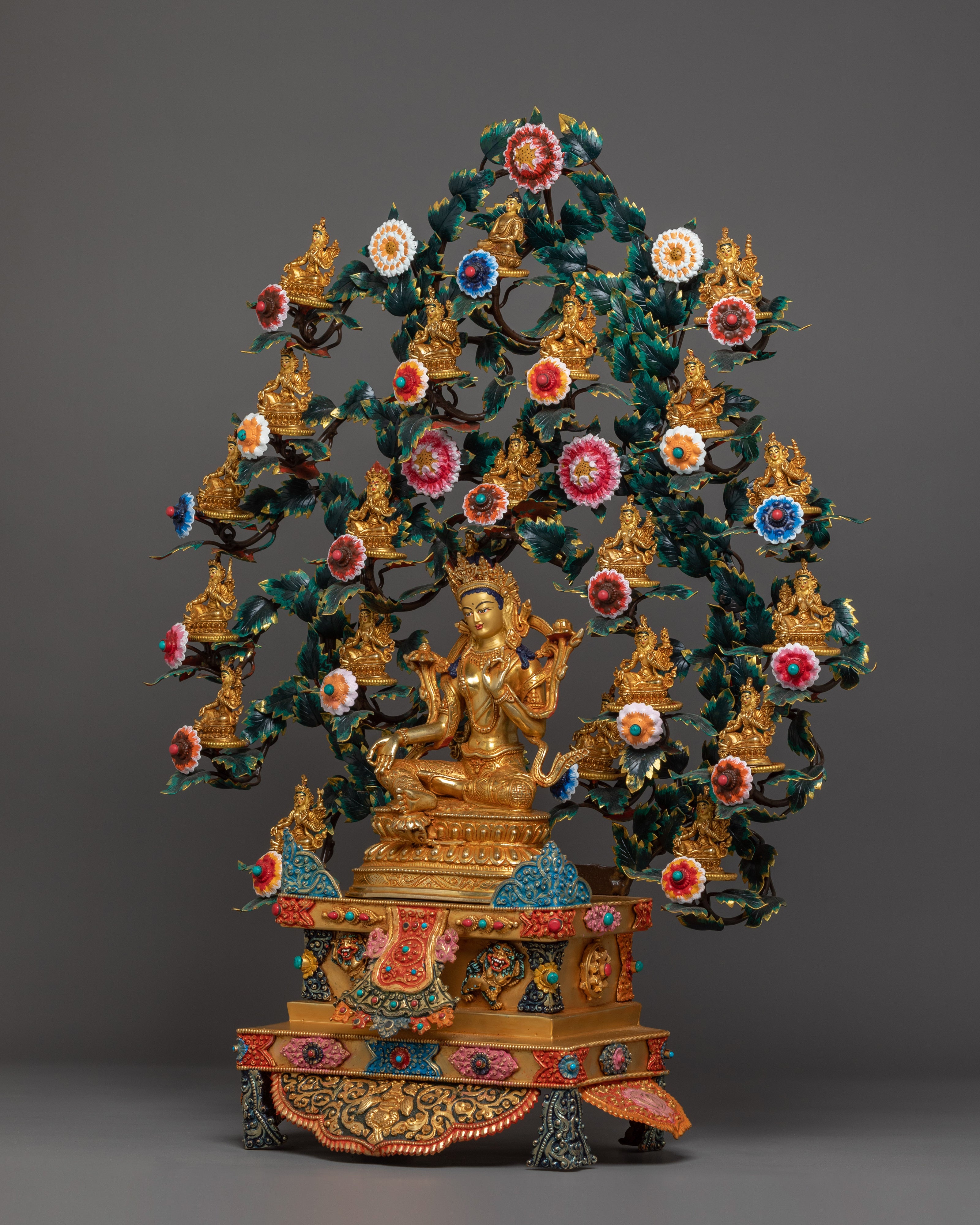 Magnificent 21 Tara statue set | 24K Gold Gilded with Handcarved Gemstones Statue Set