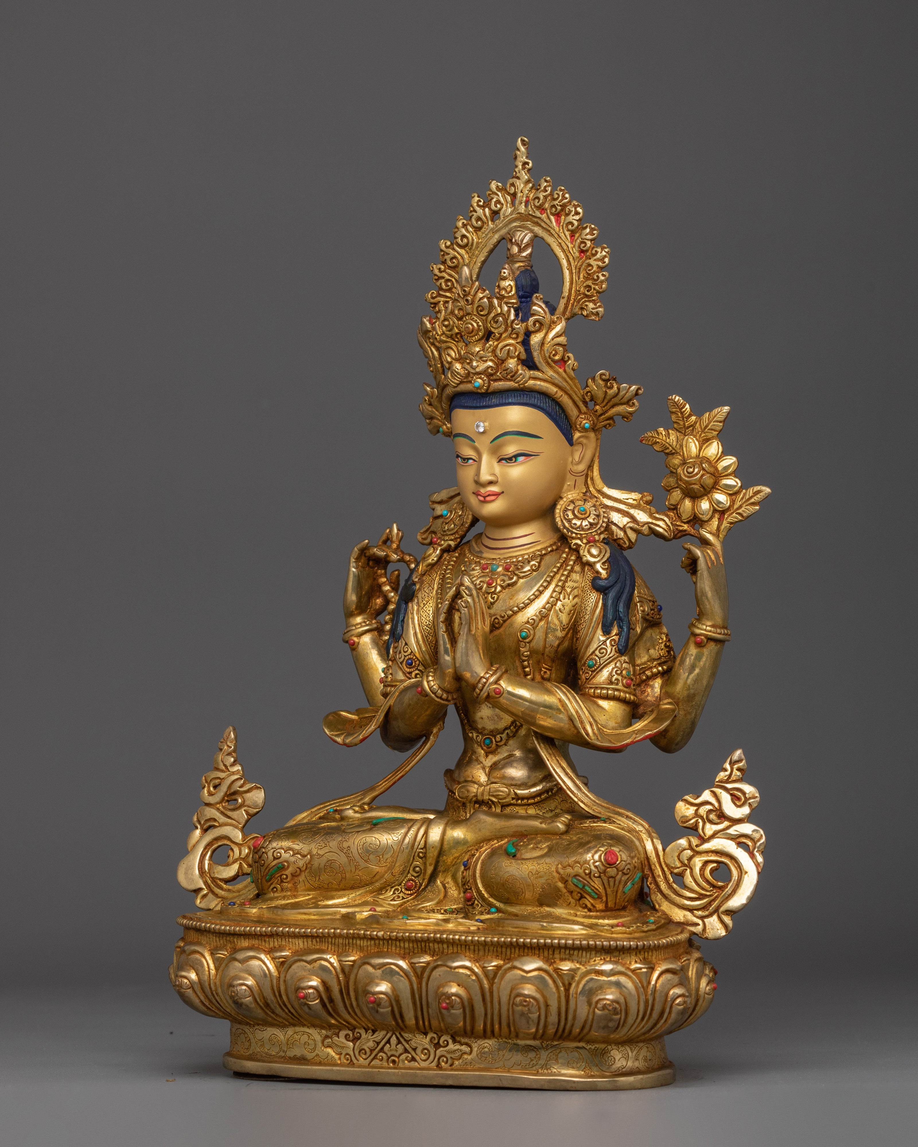 Four Armed Chenrezig Golden Statue | Avalokiteshvara - Lord of Compassion