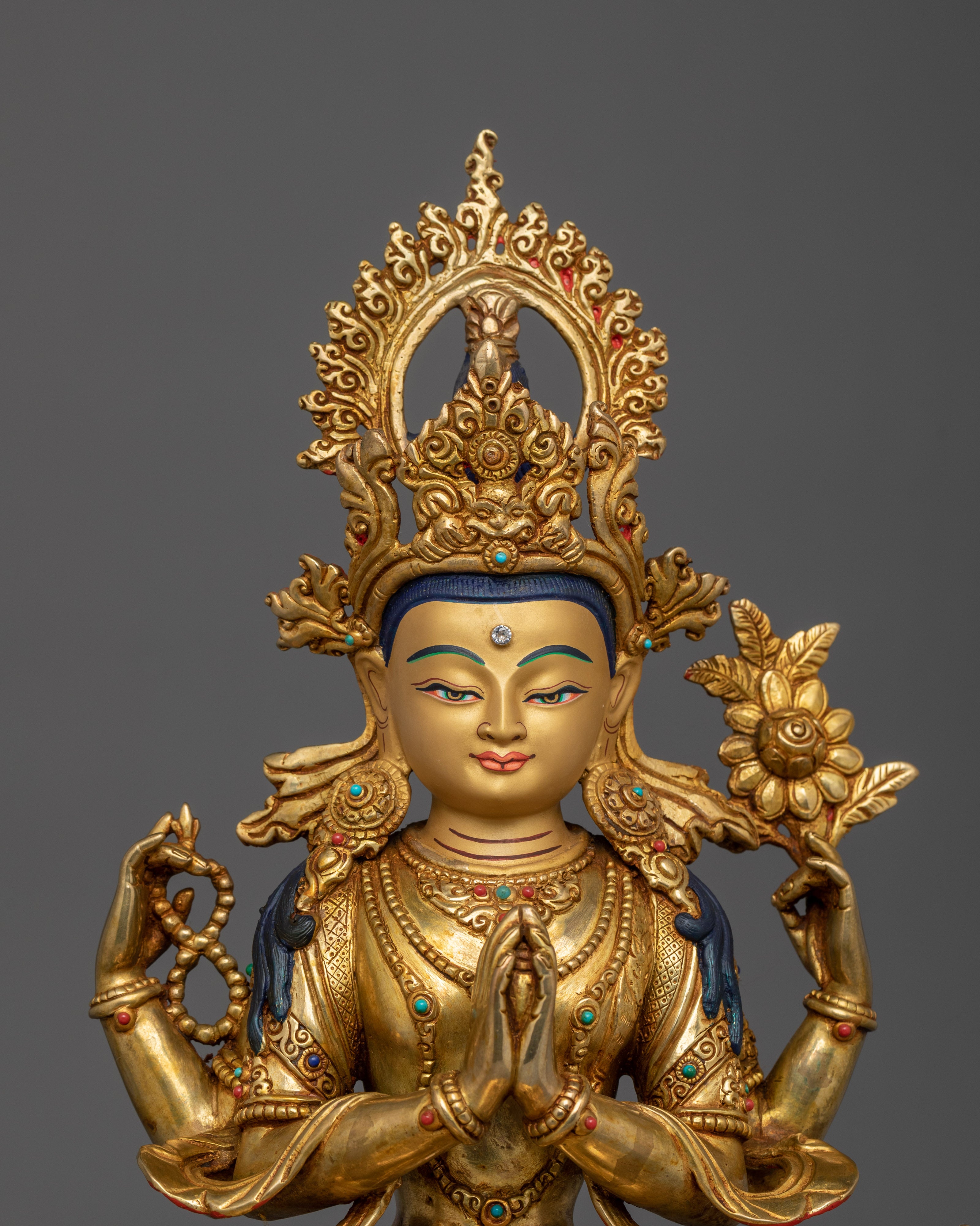 Four Armed Chenrezig Golden Statue | Avalokiteshvara - Lord of Compassion