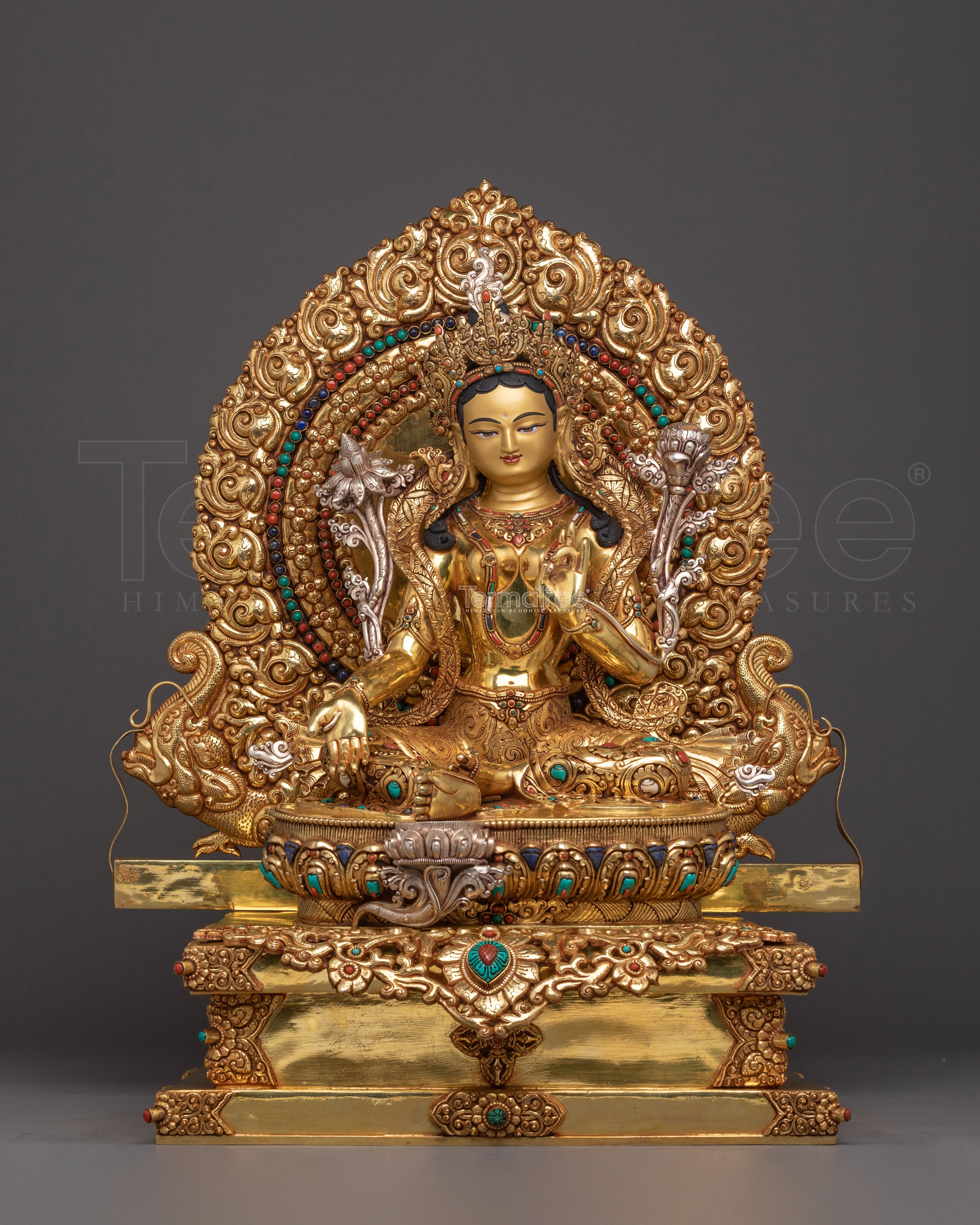 Compassionate Green Tara on Throne Statue | Shyama Tara Sculpture