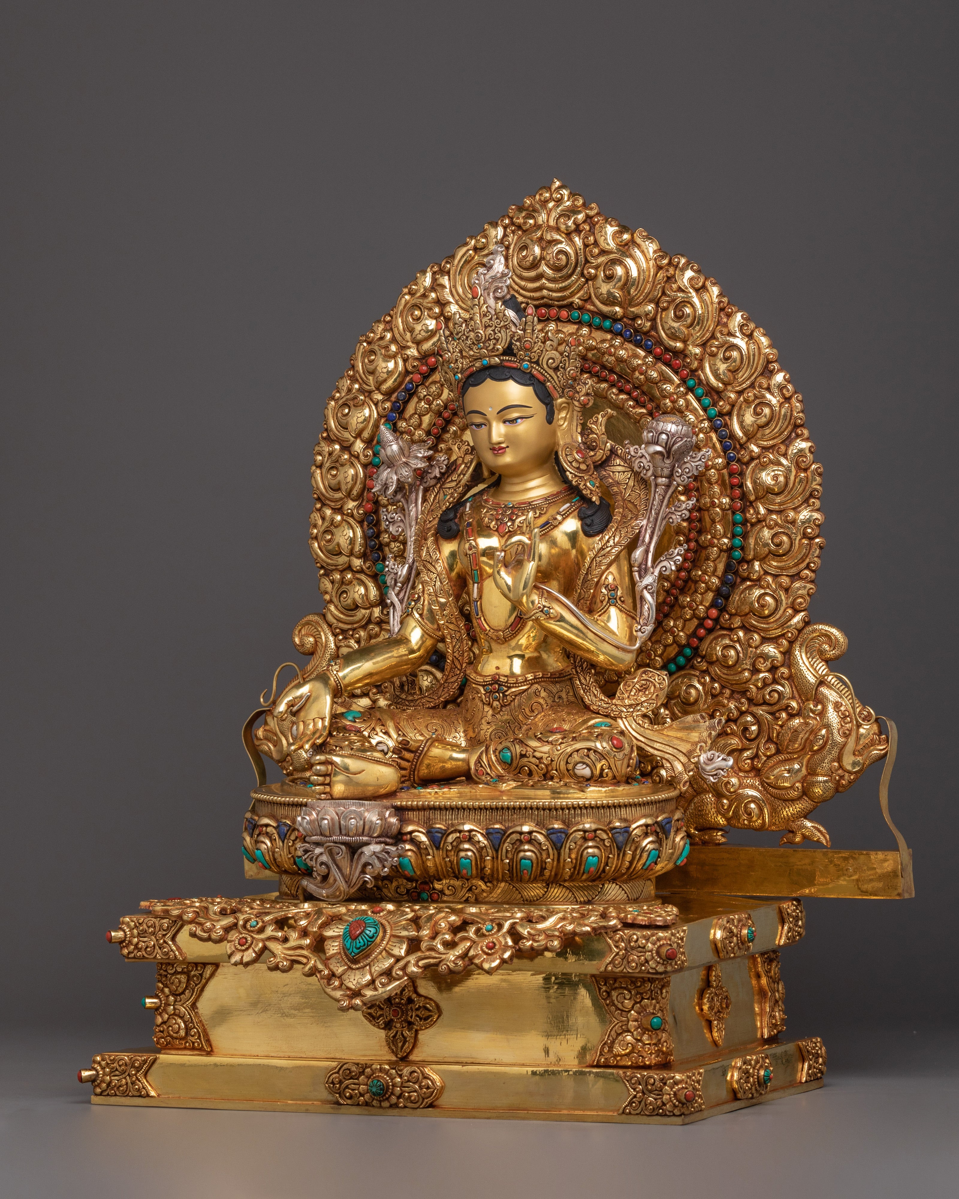 Compassionate Green Tara on Throne Statue | Shyama Tara Sculpture