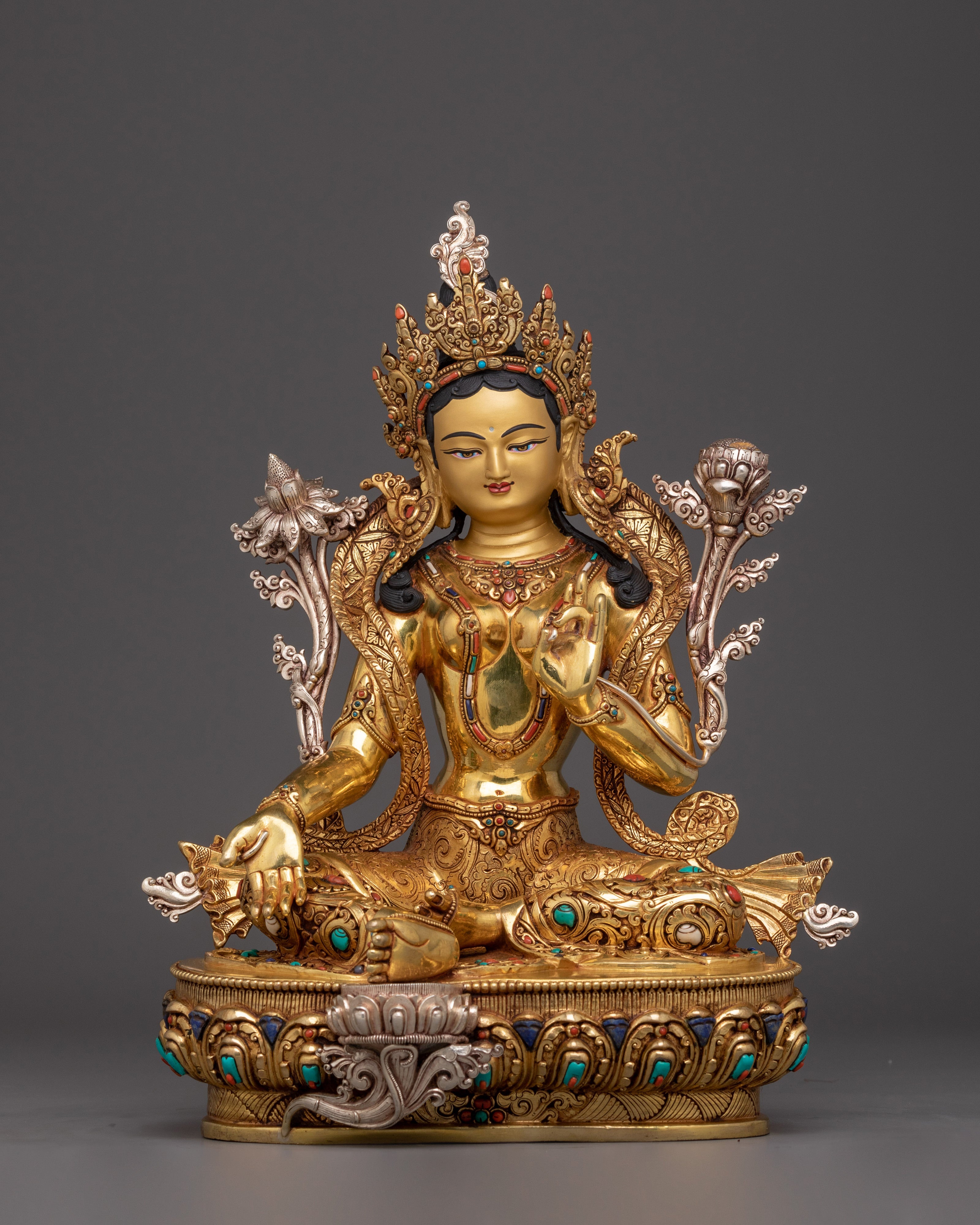 Compassionate Green Tara on Throne Statue | Shyama Tara Sculpture