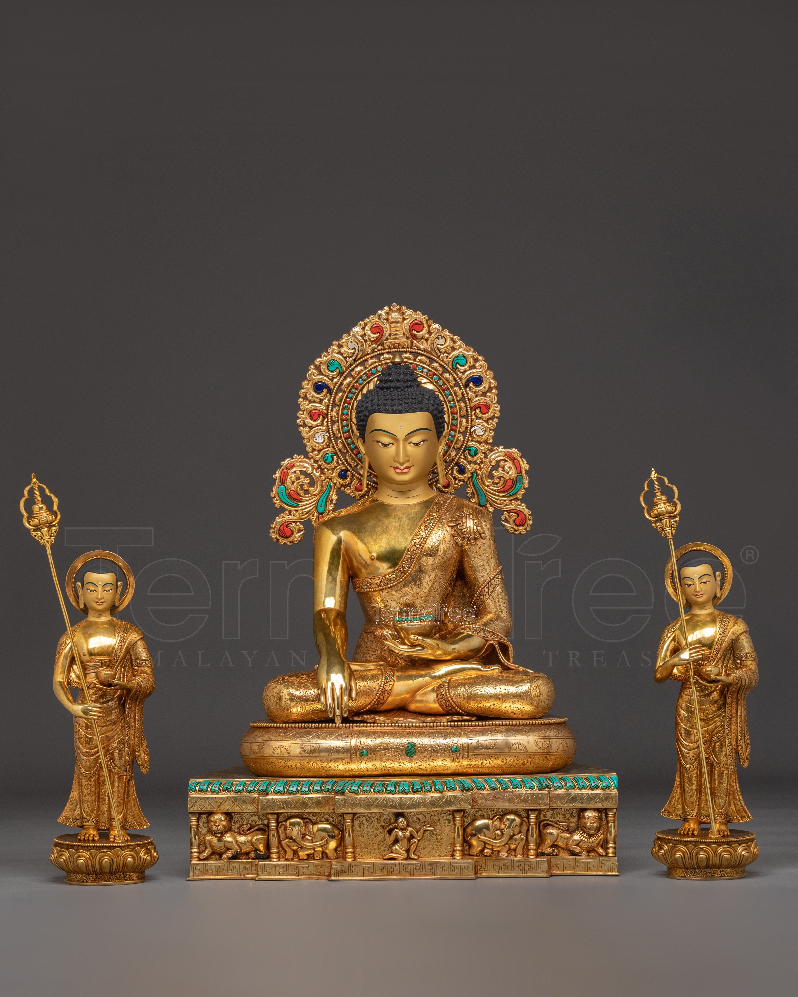 Shakyamuni Buddha on Throne with Disciples Statue | Gautama Buddha Sculpture
